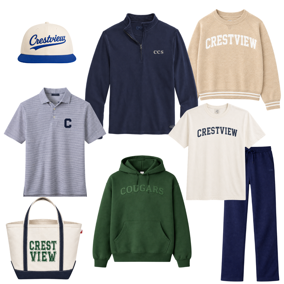 Collection of Crestview school spirit apparel including a baseball cap, quarter-zip pullover, crewneck sweatshirt, polo shirt, t-shirt, hooded sweatshirt, tote bag, and sweatpants in colors like navy, beige, white, green, and gray.