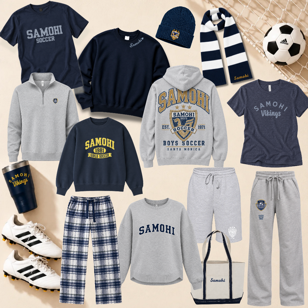 Collection of Crestview school merchandise including a green 'Go Team' t-shirt, a cream Crestview Community baseball cap, a grey Crestview sweatshirt with a tiger logo, a navy sweater with a 'C' emblem, a navy hoodie with a cougar graphic, grey sweatpants with a crestview logo, white socks with 'COUGARS' text, a clear Crestview purse with a pom-pom, a green and white striped scarf with crestview logo, and a navy and white striped lanyard.