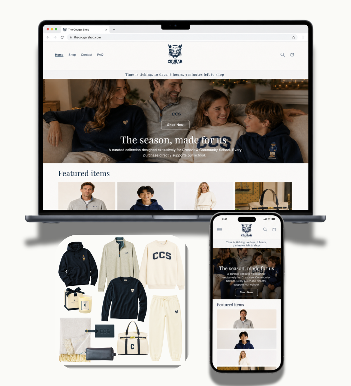 Website homepage displayed on a laptop and a phone, featuring a store called 'The Cougar Shop' with clothing and accessories, including hoodies, sweaters, pants, and bags, all branded with 'CCS' or a cougar logo, promoting holiday sales for Crestview Community School.