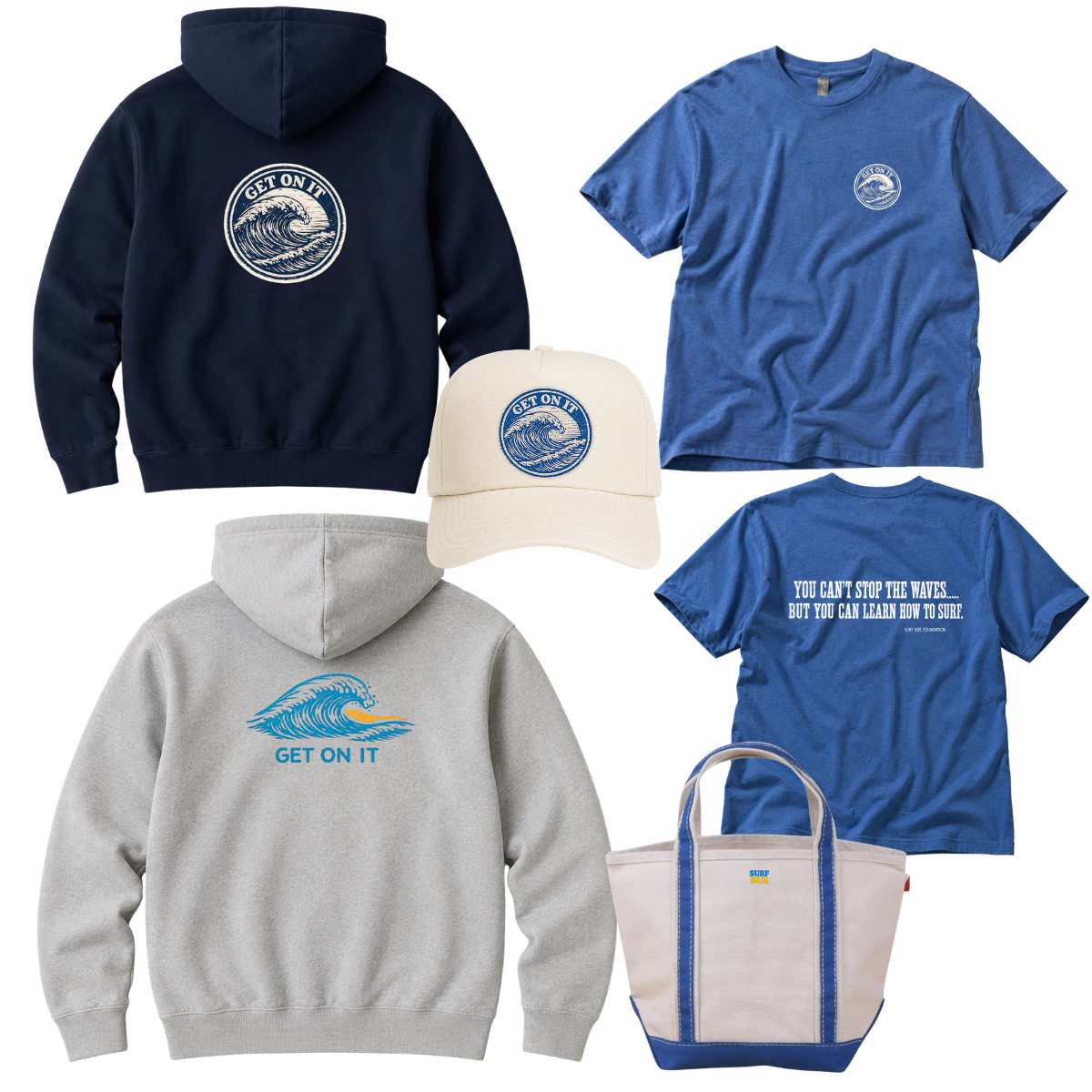 Collection of Crestview school spirit apparel including a baseball cap, quarter-zip pullover, crewneck sweatshirt, polo shirt, t-shirt, hooded sweatshirt, tote bag, and sweatpants in colors like navy, beige, white, green, and gray.