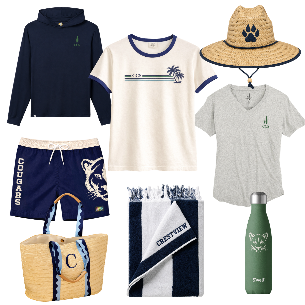Collection of summer and casual items including a navy hoodie, white t-shirt with palm trees, gray V-neck T-shirt, navy shorts with cougar logo, striped tote bag, navy and white striped towel, green water bottle with a cat face, and a straw hat with a paw print.