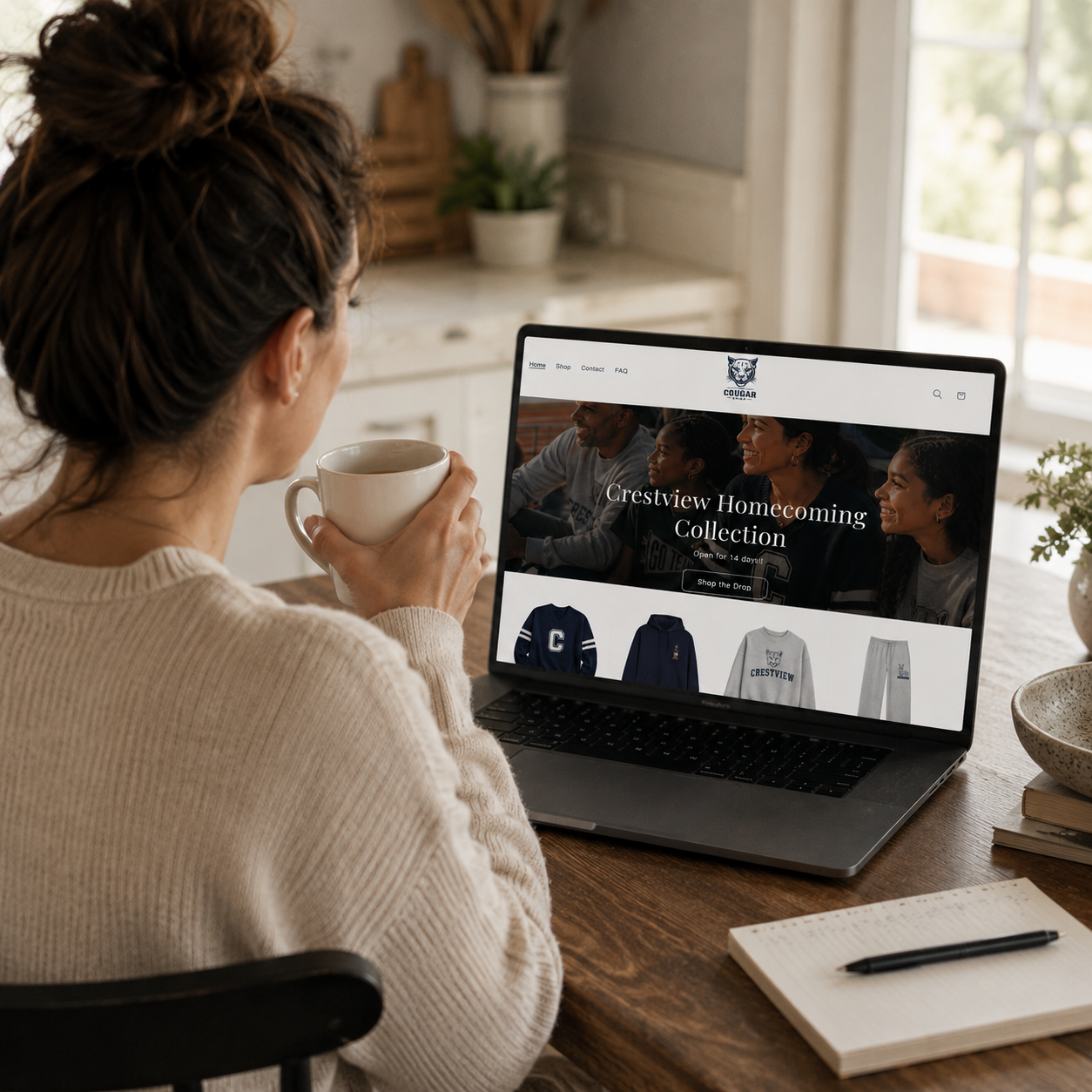 woman sitting at a table holding a coffee cup looking at a computer screen the e commerce site the cougar shop.  There is also a book on her desk.