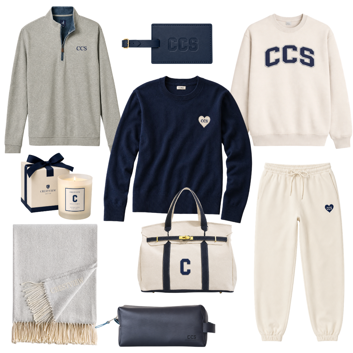A collection of clothing and accessories with a CCS and Crestview theme, including a gray quarter-zip pullover, a white sweatshirt, navy sweater, cream sweatpants, navy earrings, a candle, a cream blanket, and a cream and navy tote bag.