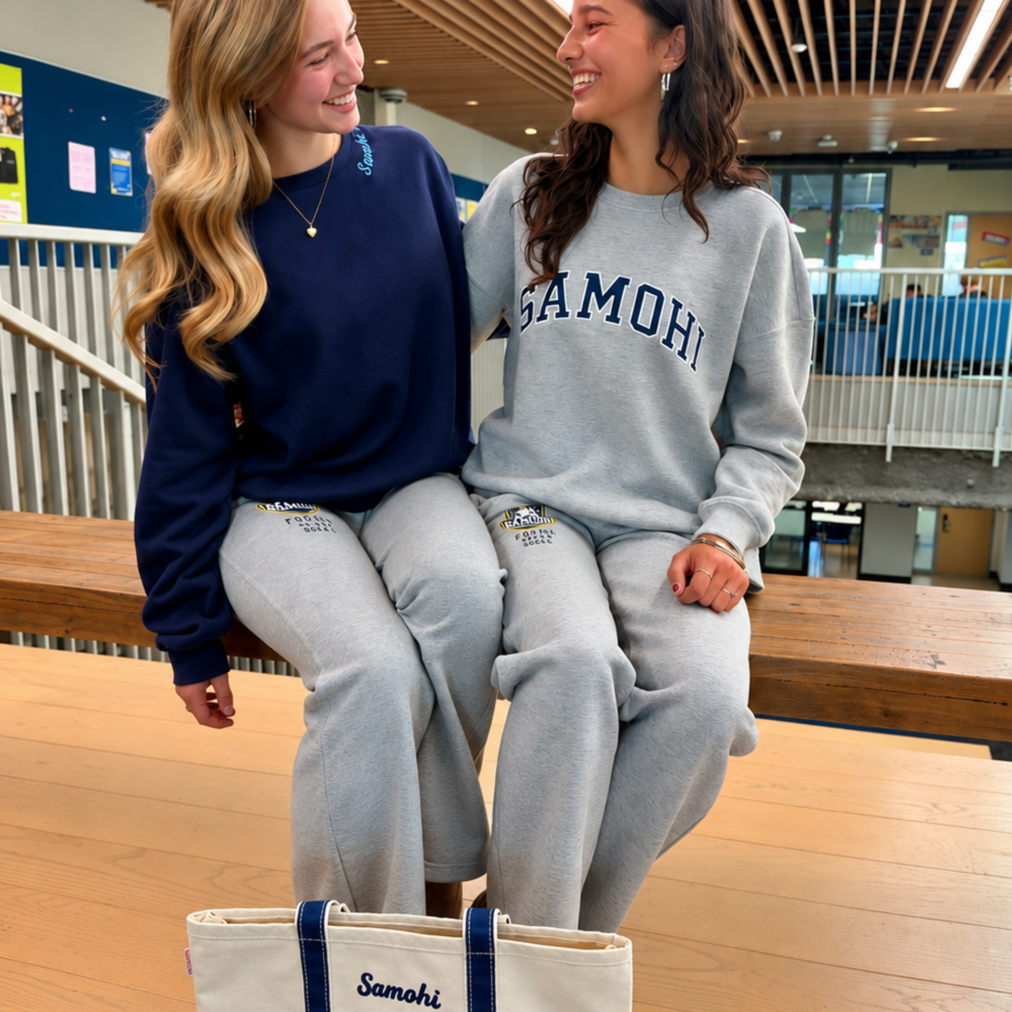 Two smiling women wearing matching Samohi sweatshirts and sweatpants seated in a modern school hallway.