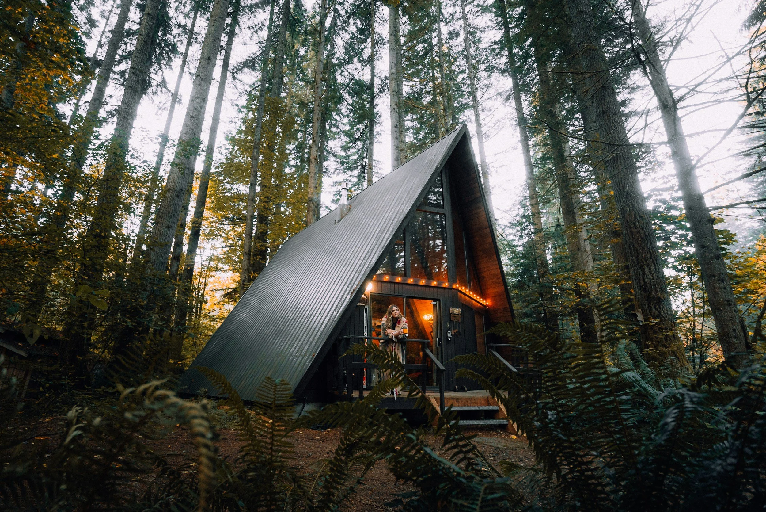 A small modern A-frame cabin with a metal roof, large front window, and outdoor lighting set among tall trees in a forest during dusk.