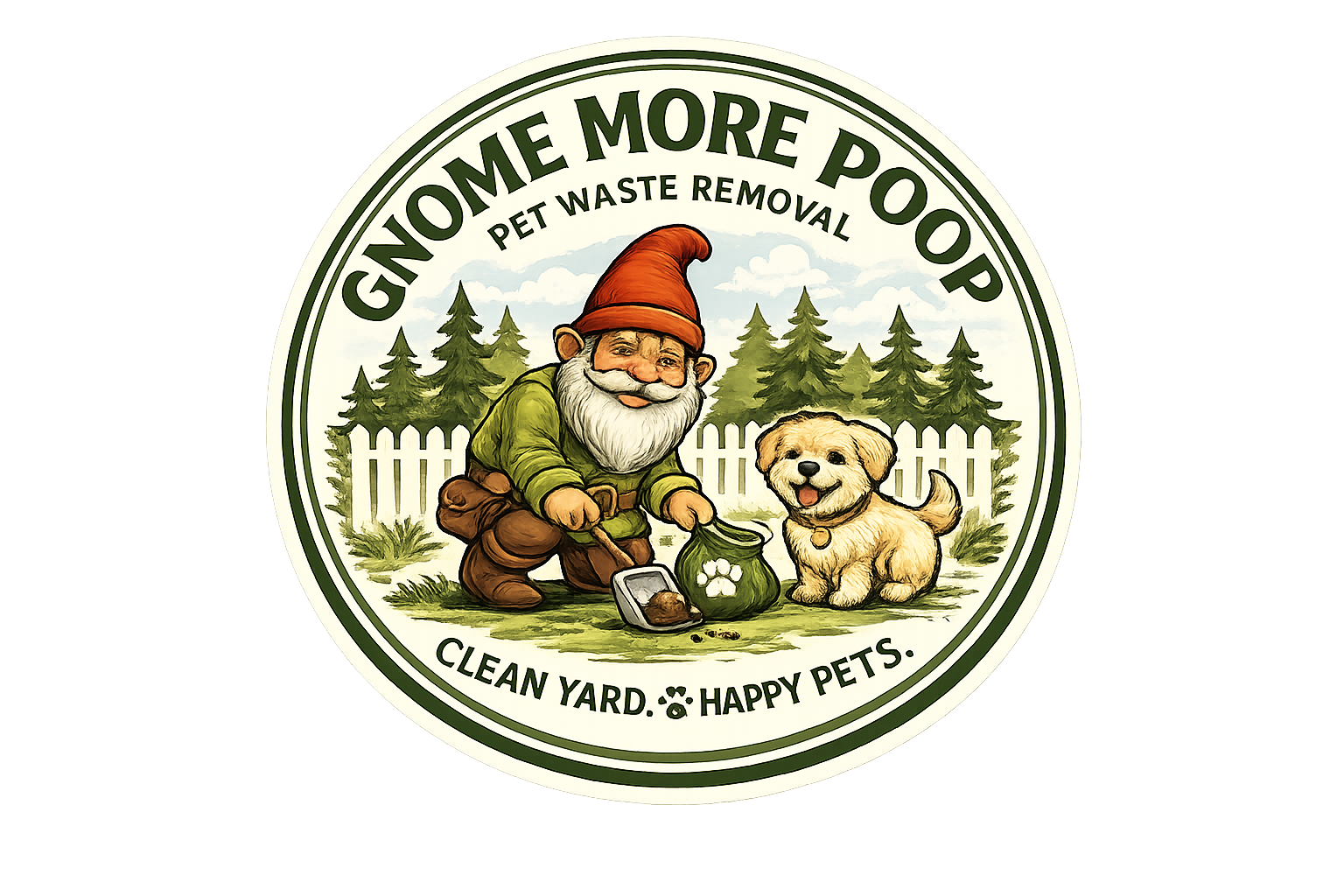 Illustration of a garden gnome with a red hat, green shirt, and brown pants, kneeling next to a happy yellow puppy, with trees and a white picket fence in the background. Text reads 'GNO ME MORE POO P PET WASTE REMOVAL,' and 'CLEAN YARD. HAPPY PETS.'