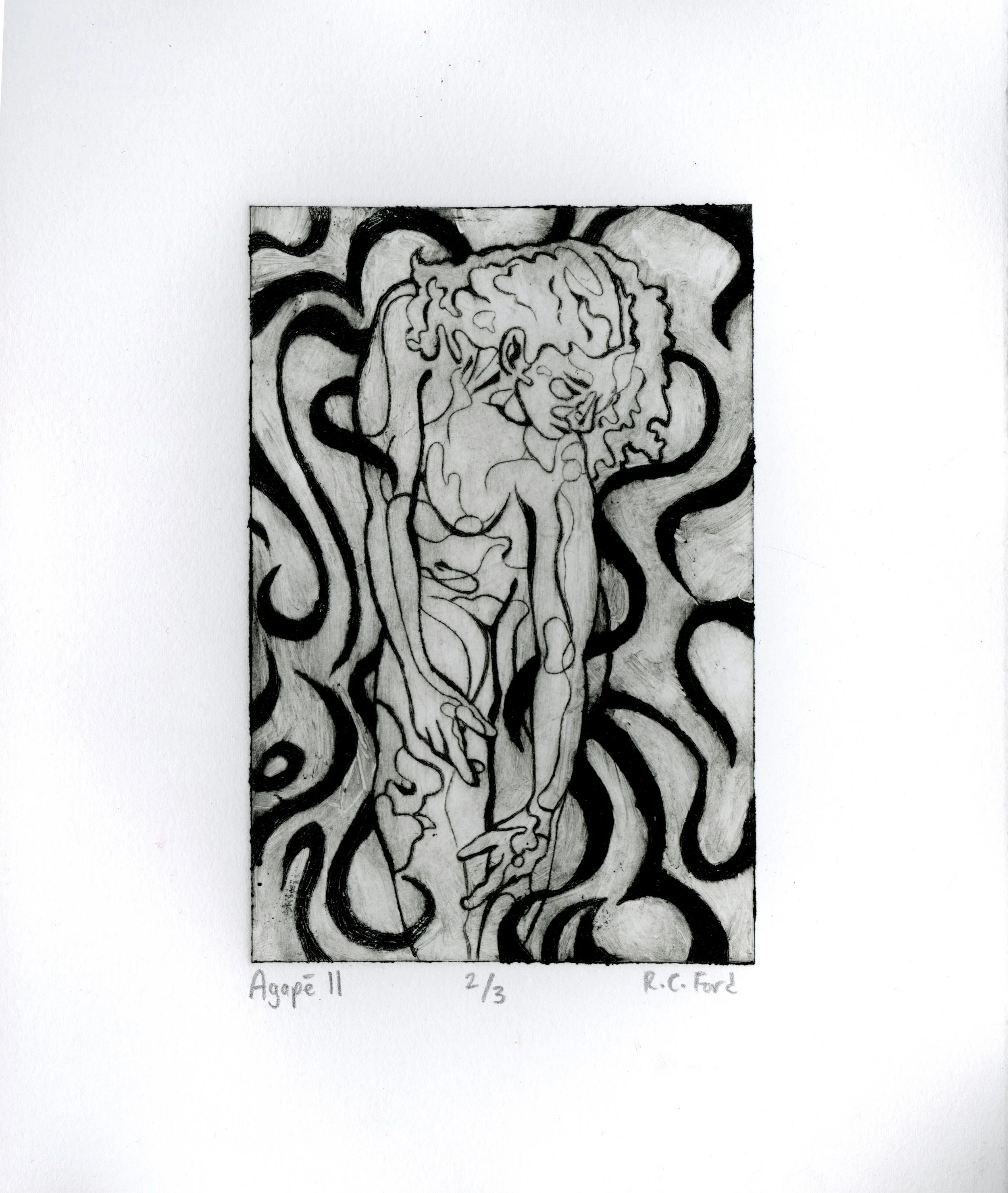 "Agape III" 2023, drypoint etching, 4" x 6" (image) 8" x 10" (print)