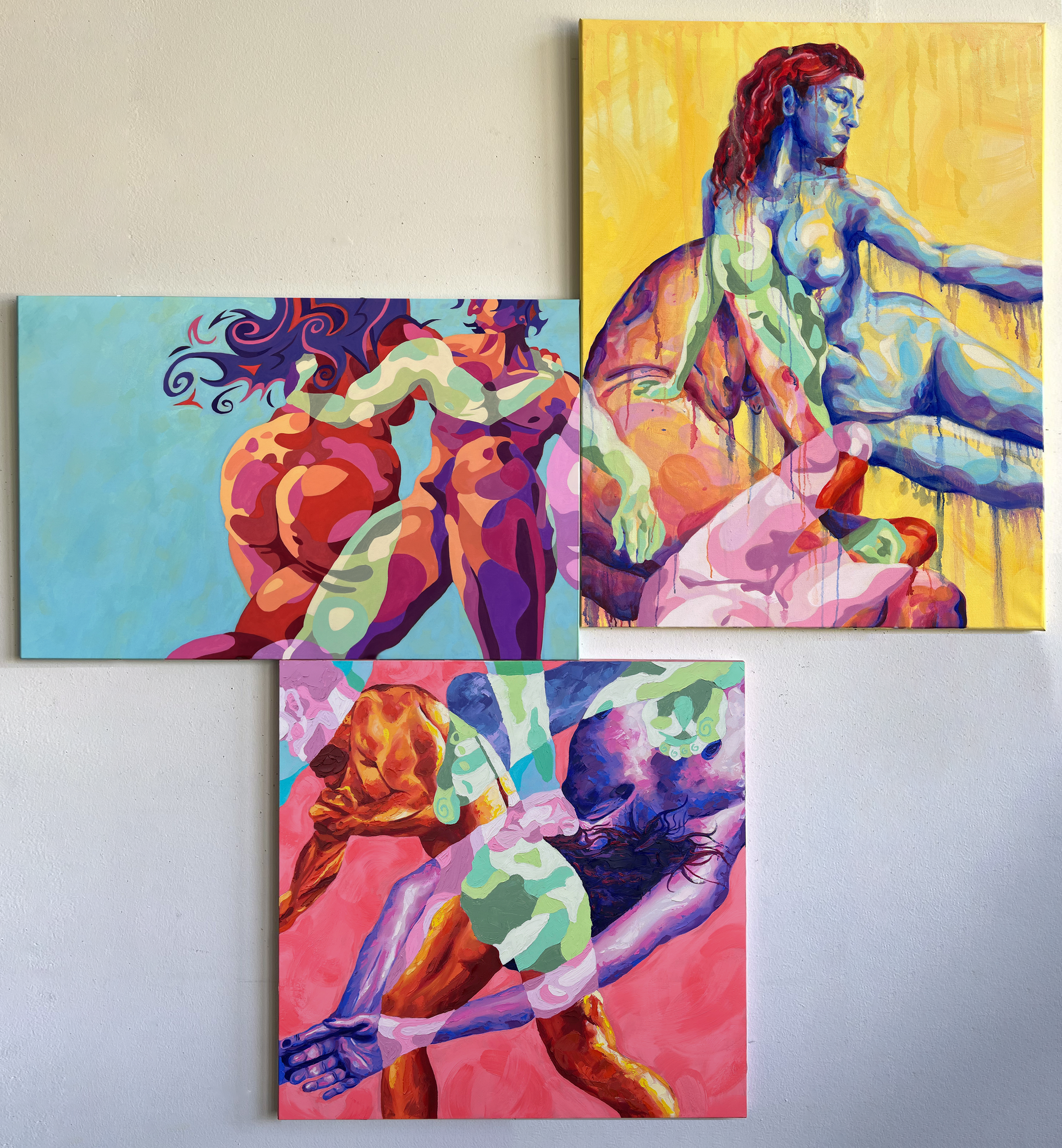 "Kinetic Refuge", 2024, oil on canvas, 66" x 72" modular triptych