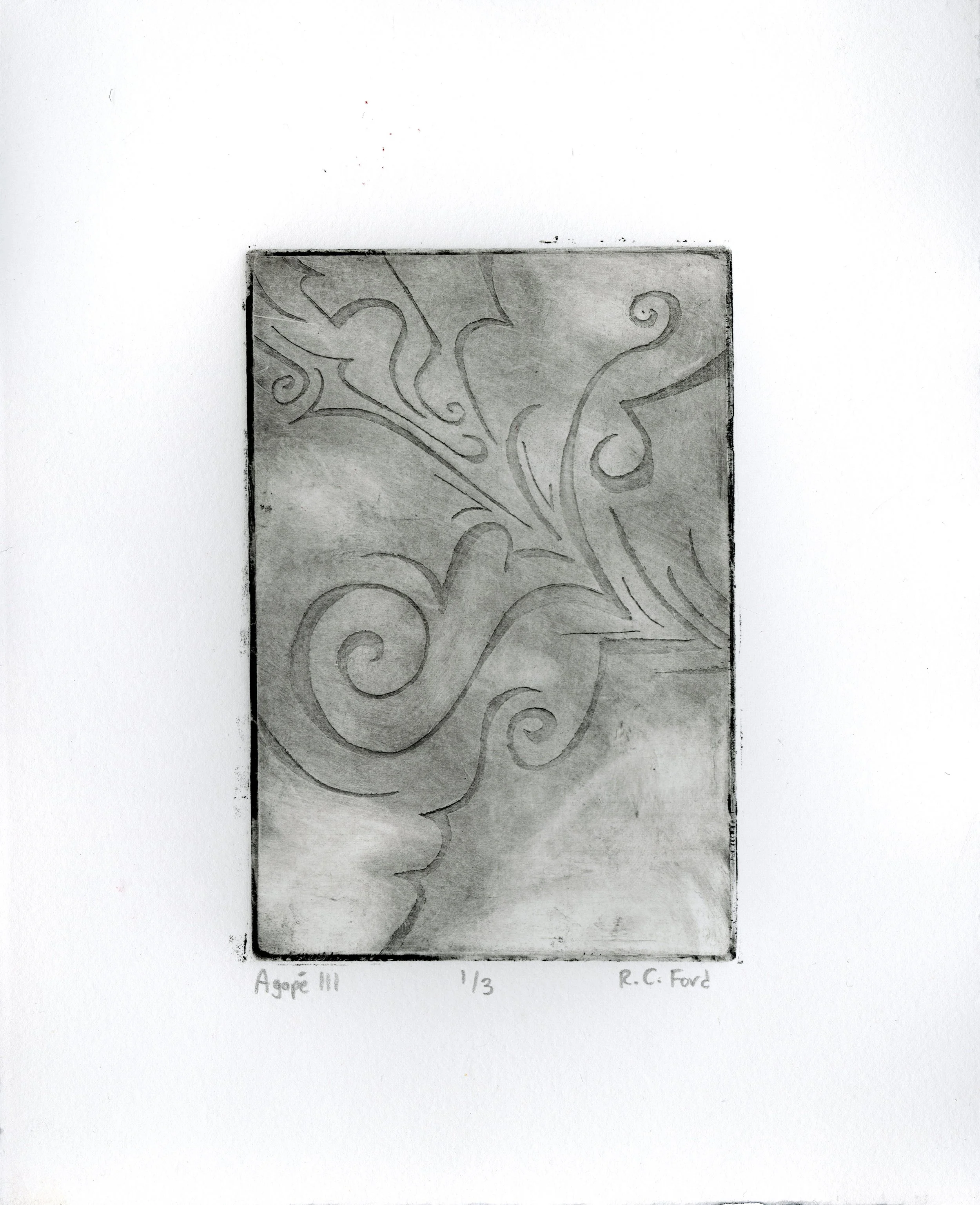 "Agape II" 2023, softpoint etching, 4" x 6" (image) 8" x 10" (print)