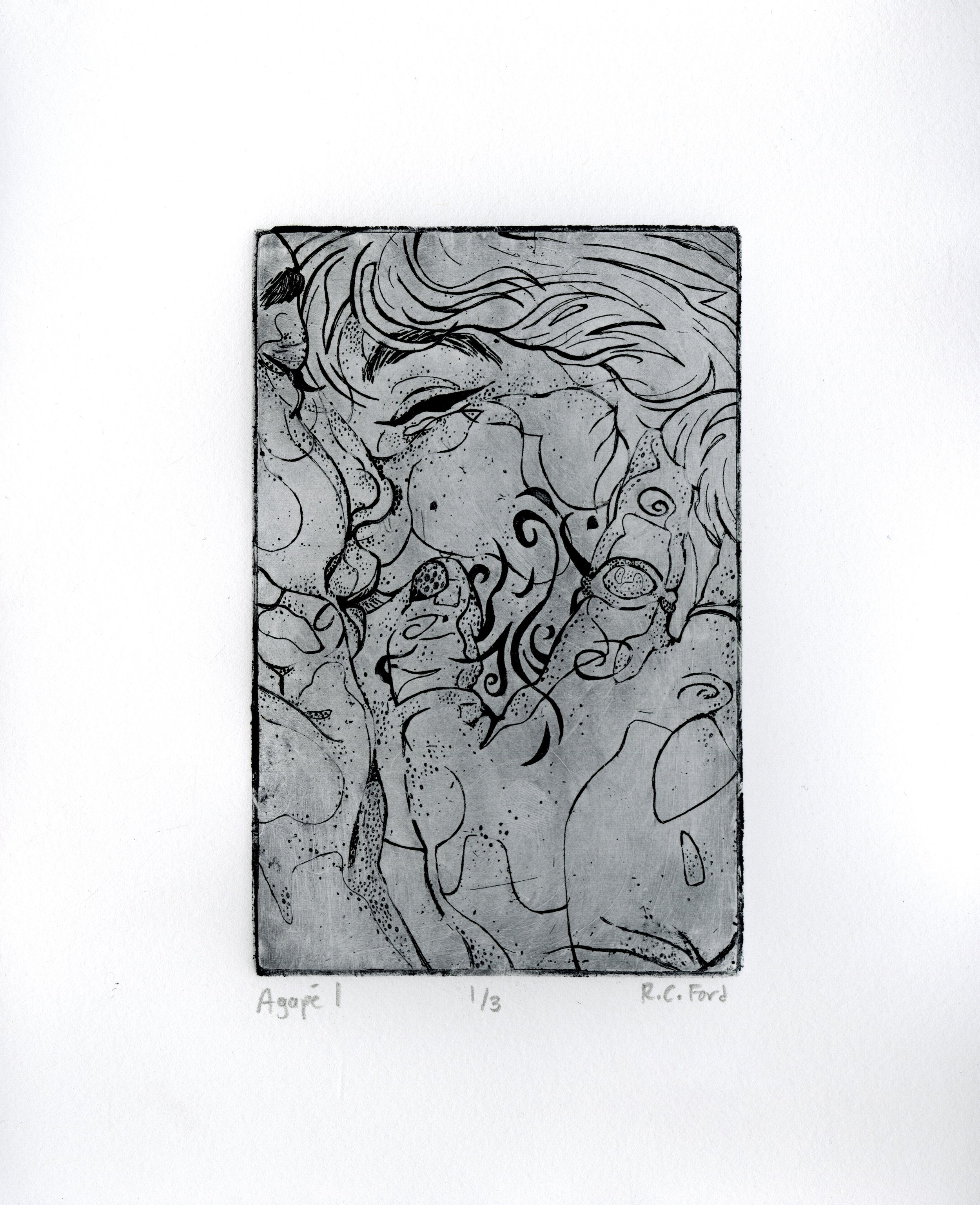"Agape I" 2023, hardpoint etching, 4" x 6" (image) 8" x 10" (print)