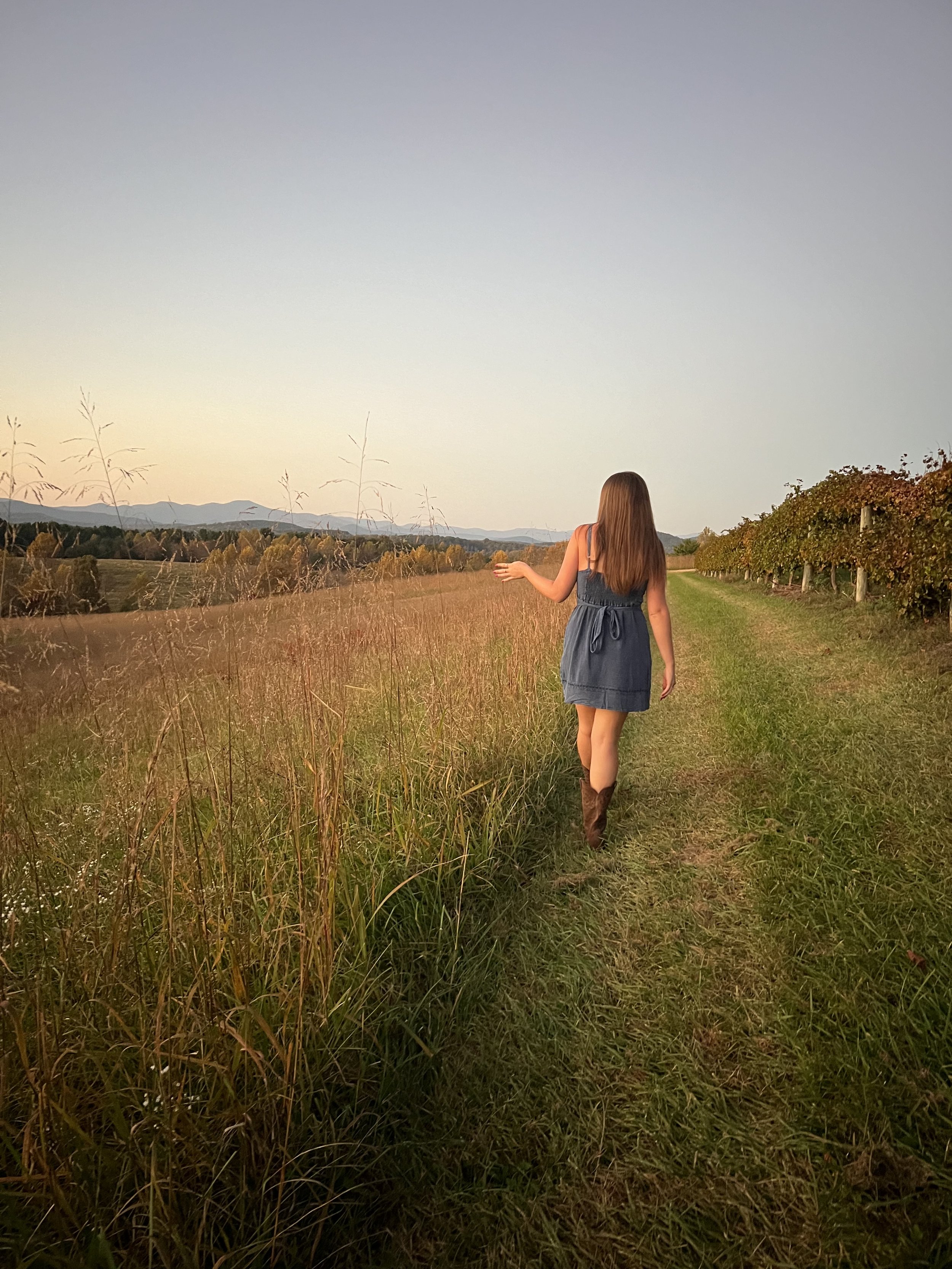 A woman with long brown hair wearing a blue dress and brown boots walking along a grassy path through fields at sunset.