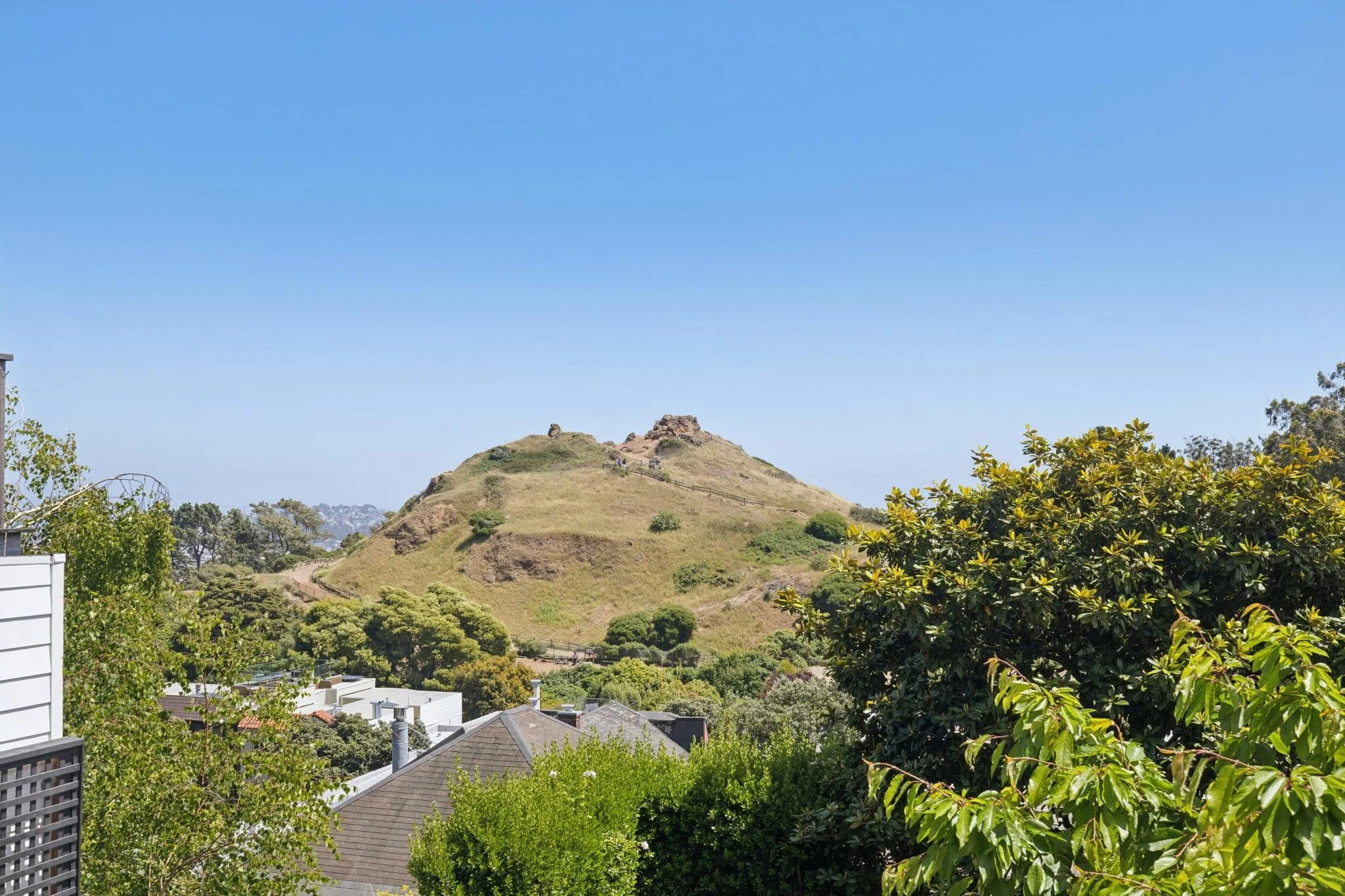 A hillside with grassy slopes and rocky outcroppings, with a trail winding up, surrounded by trees, under a clear blue sky.