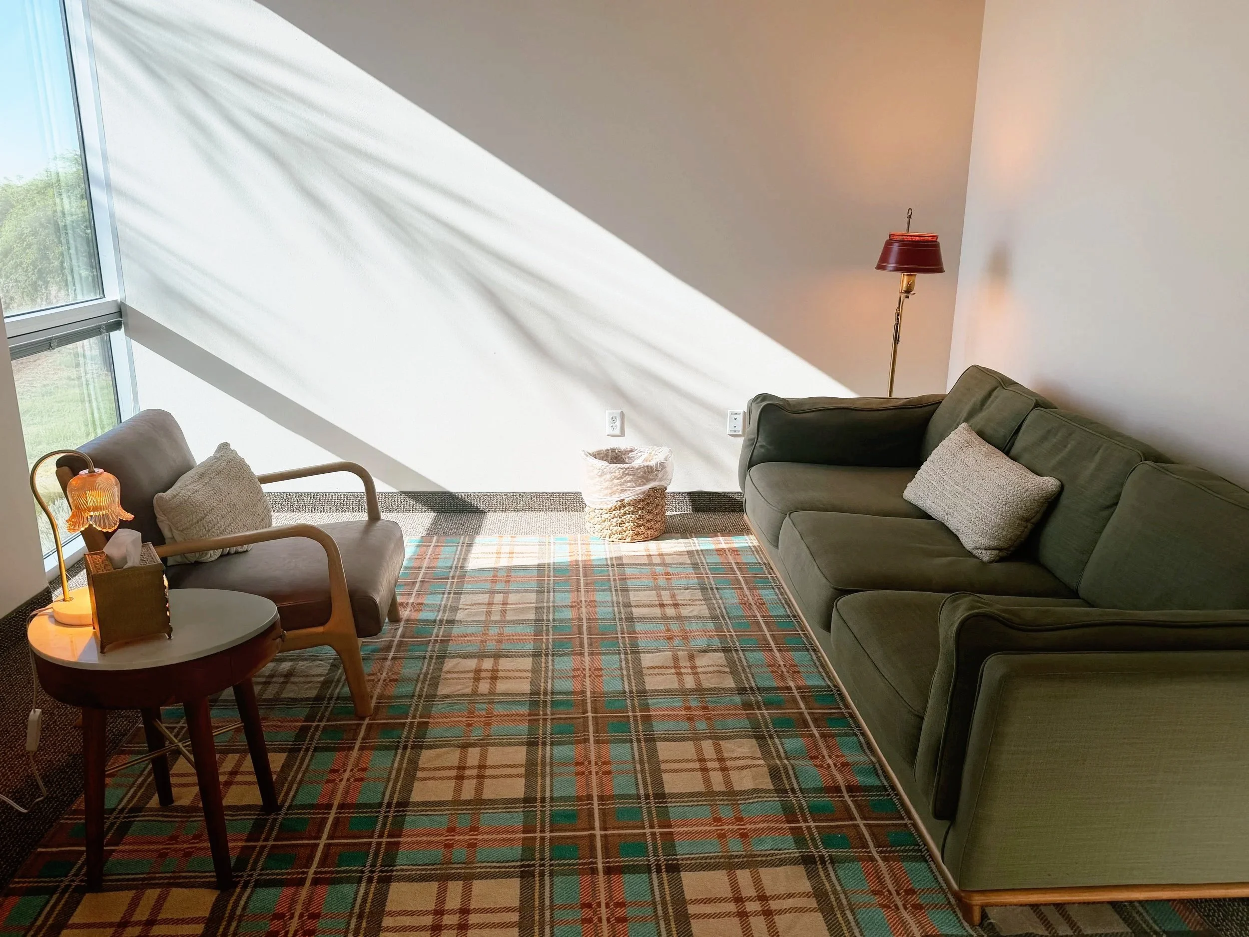 Living room with a green sofa, a wooden chair with a beige cushion, a round side table with a lamp, a basket, and a plaid rug. Sunlight streams through window blinds, casting shadows on the wall.