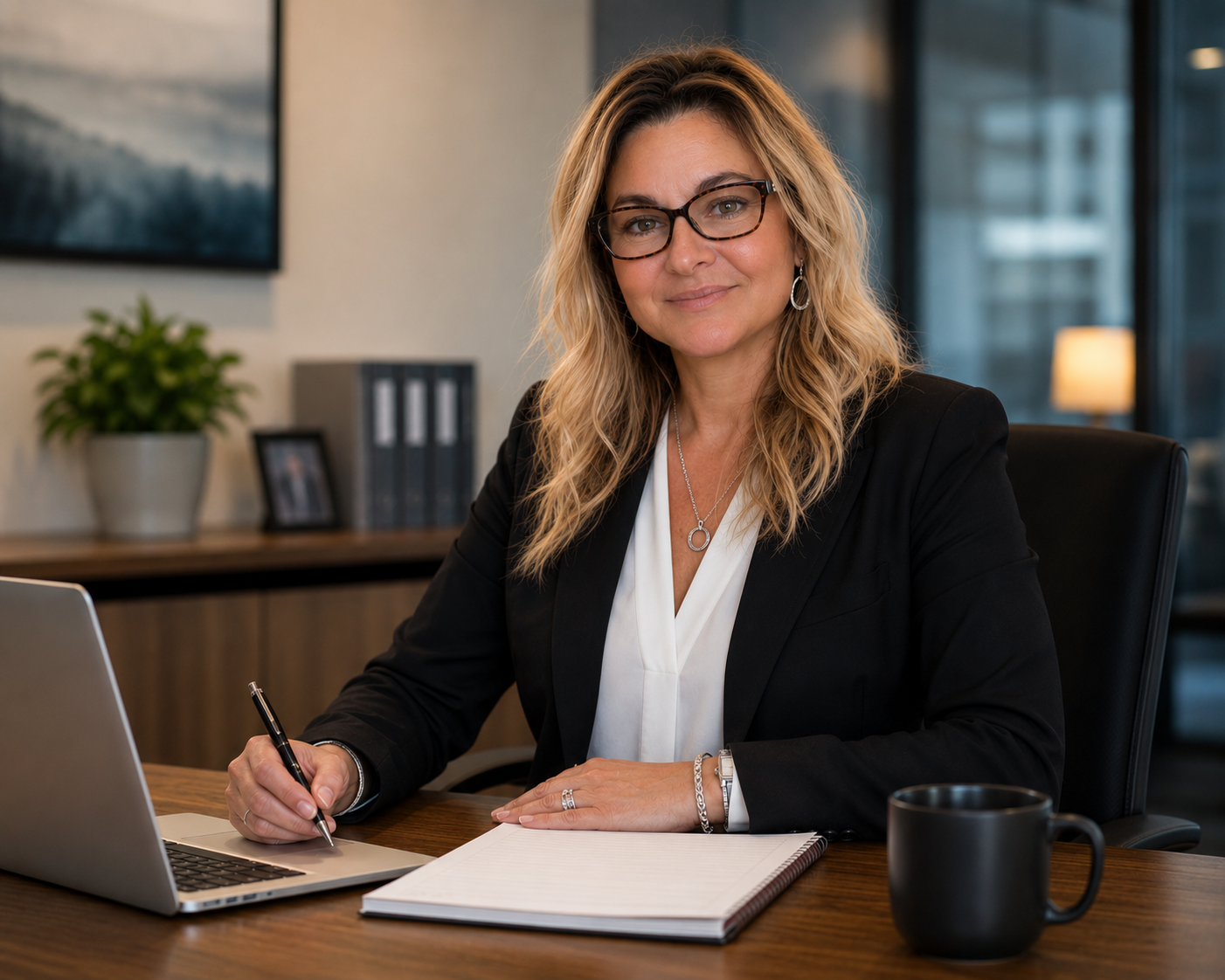 A professional woman in a black blazer and white blouse sitting at a wooden desk in an office, holding a pen, with a laptop, notebook, and black coffee mug in front of her.