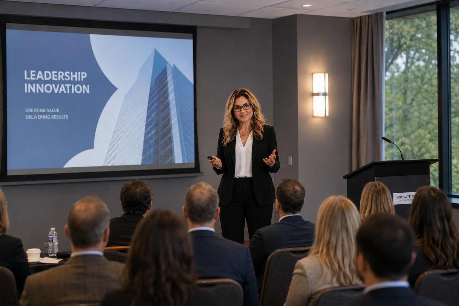 A woman giving a presentation on leadership and innovation to an audience in a conference room with a large window and a screen displaying a skyscraper image.