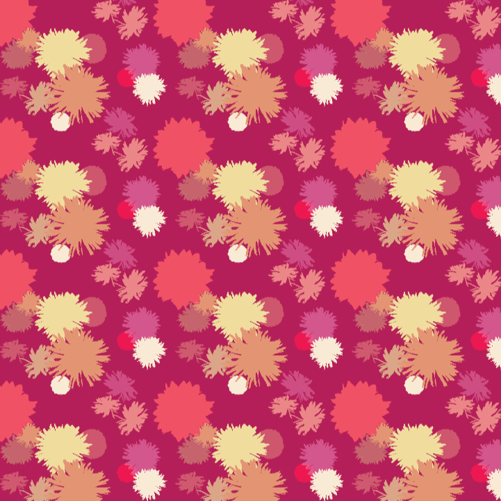 A seamless pattern of colorful abstract flower shapes in shades of pink, purple, yellow, white, and red on a maroon background.