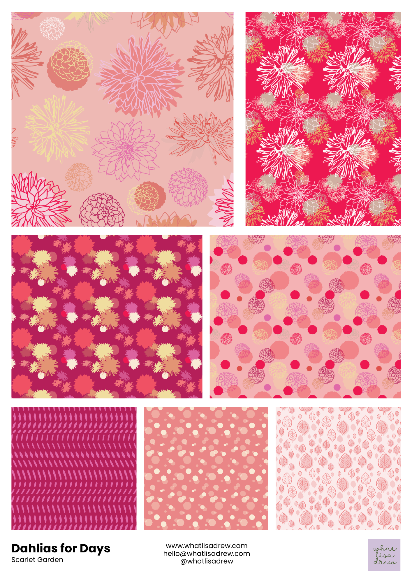 Dahlias for Days surface designs from the Scarlet Garden colorway