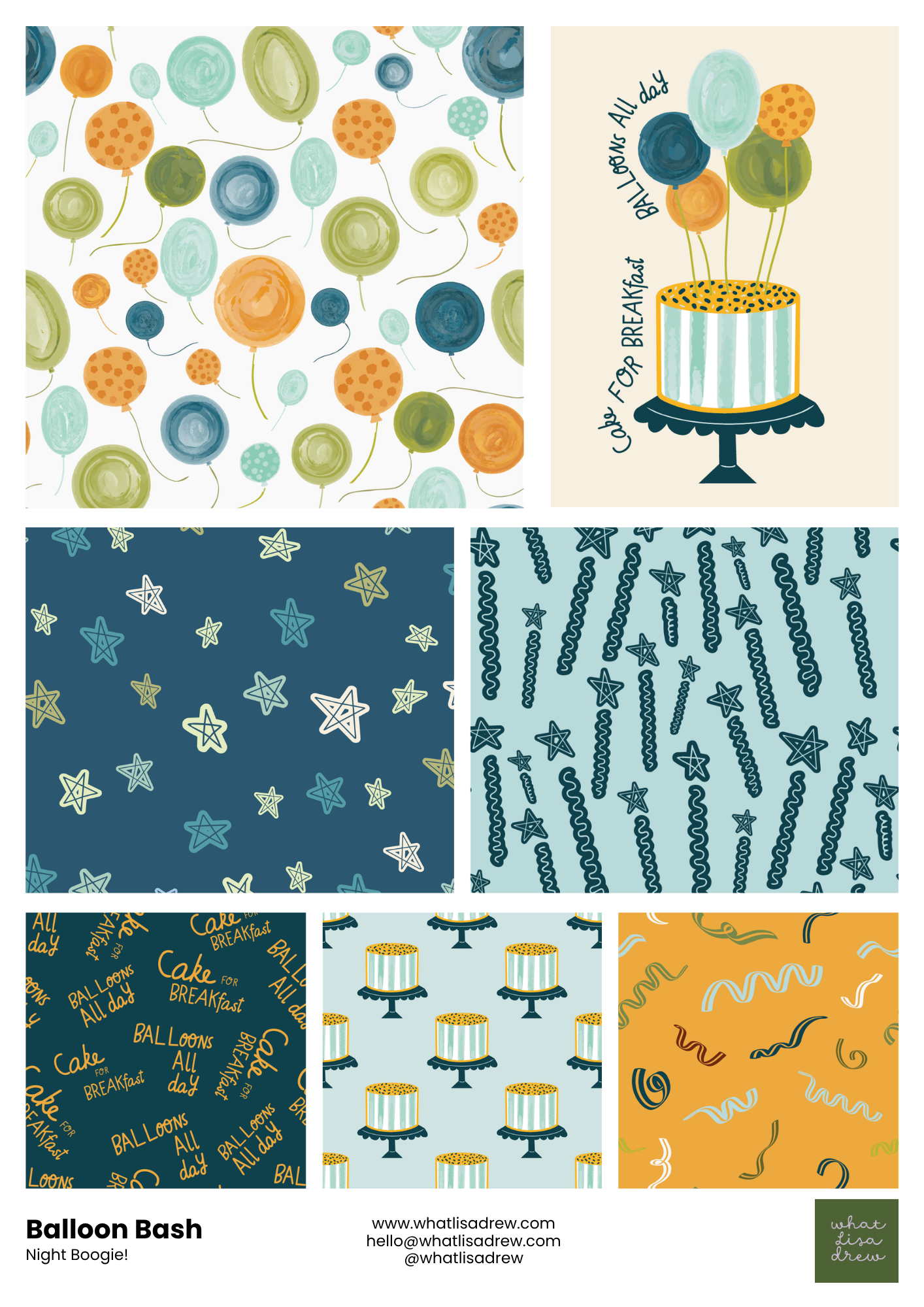 Balloon Bash surface design collection in blues and yellows