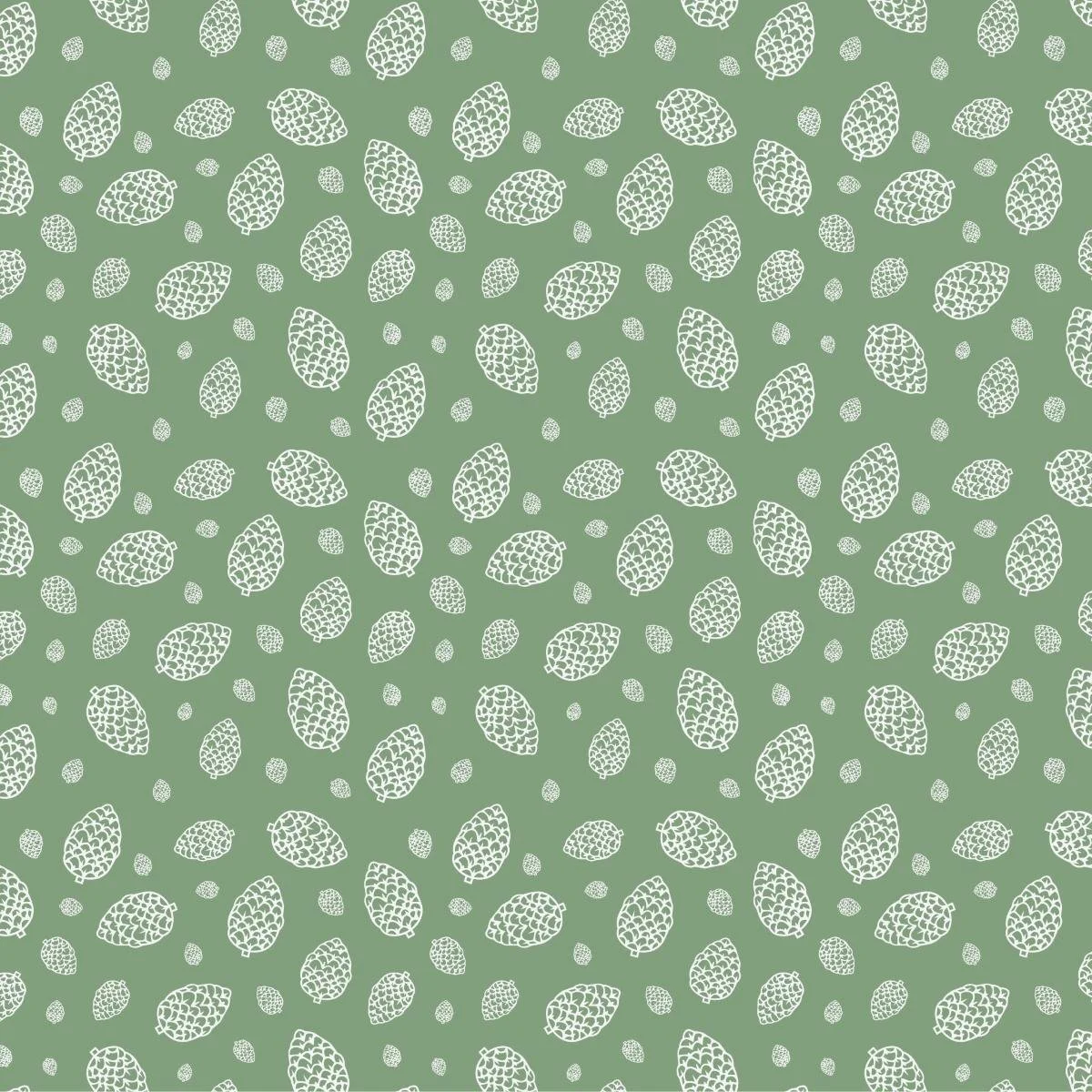 pattern design of cream pinecones on a sage green background