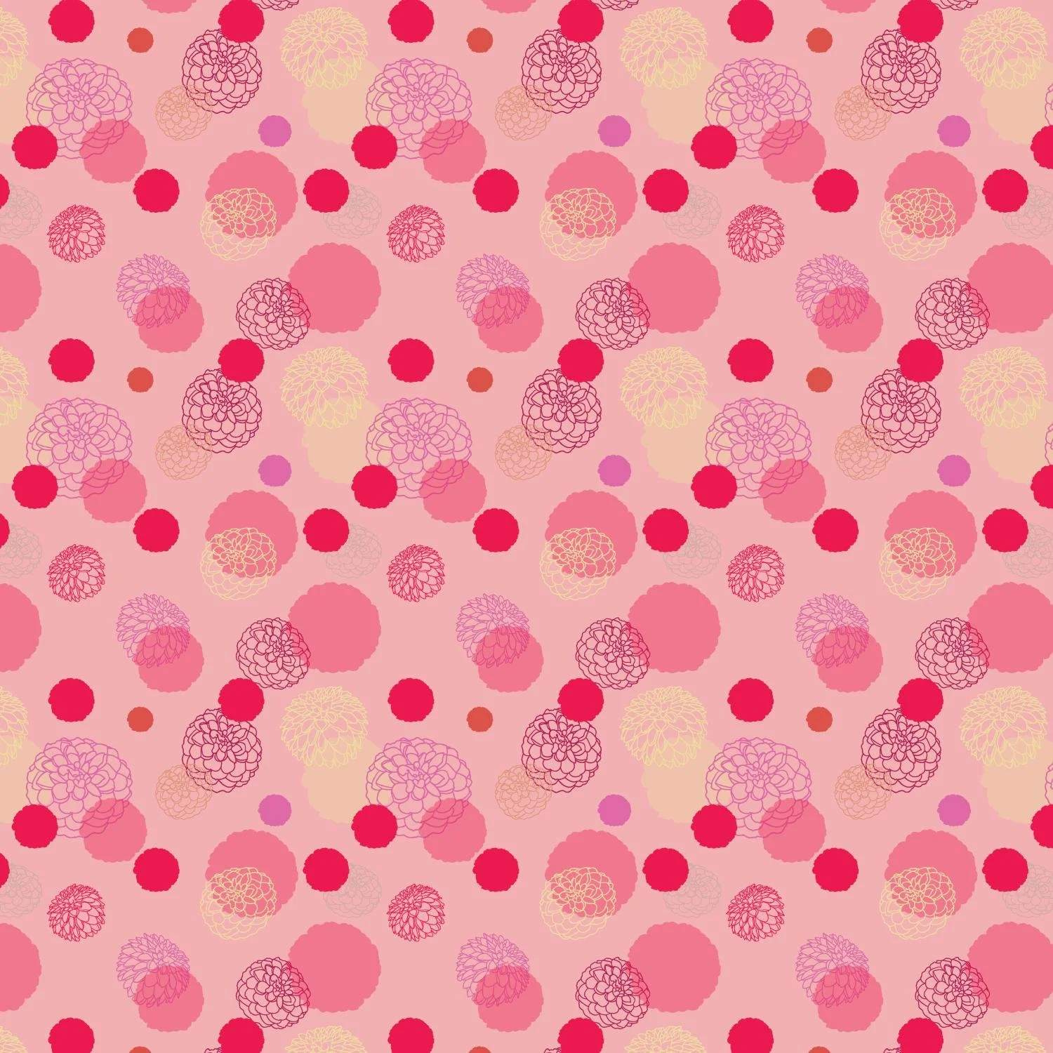 Seamless pattern design of various-sized dahlias in shades of pink, red, purple, beige, and yellow on a pink background.