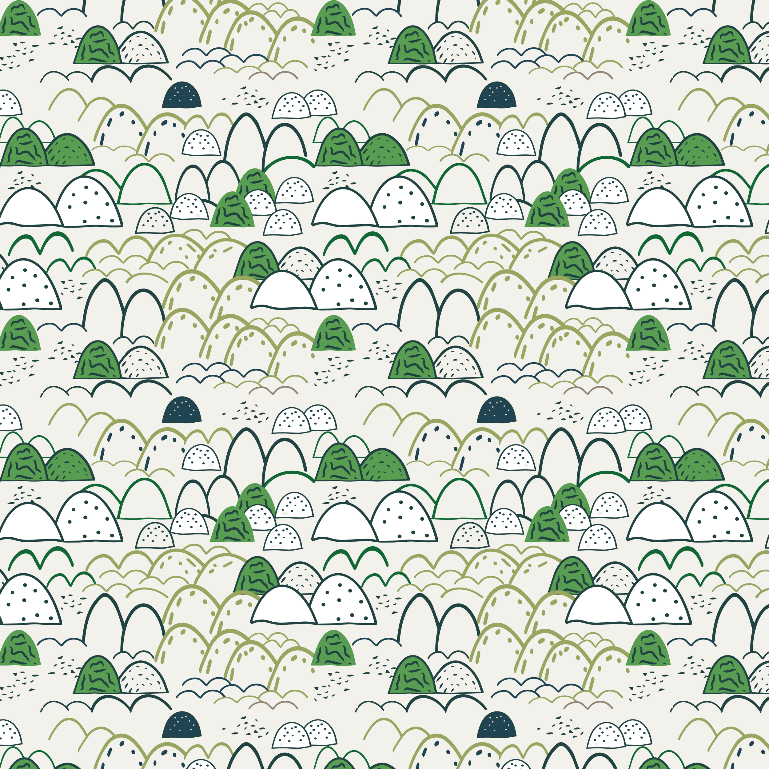 pattern design of Scandinavian hills in greens and  blues. 
