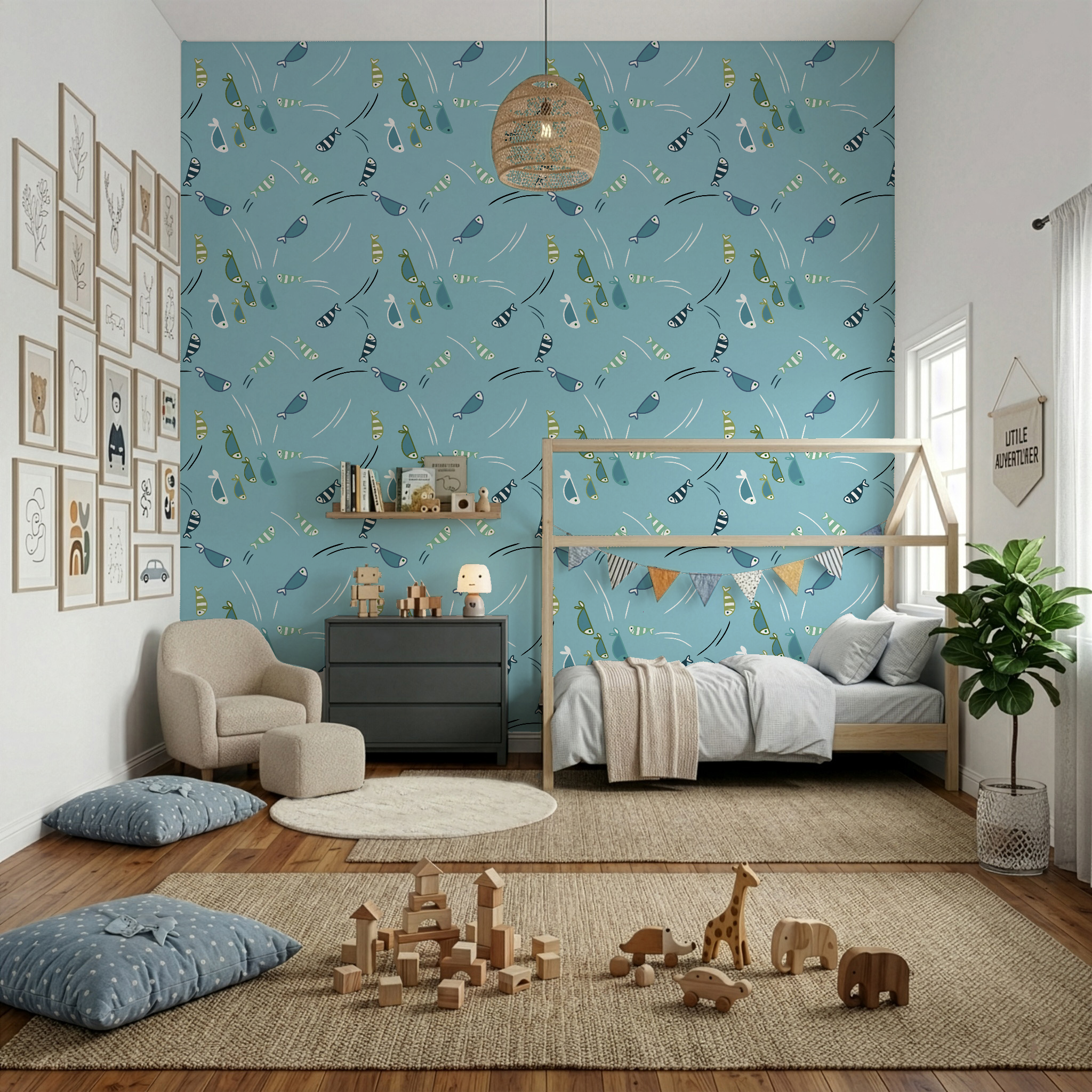 Wallpaper design of jumping fish in little boys room with wooden toys  and sisal mats.