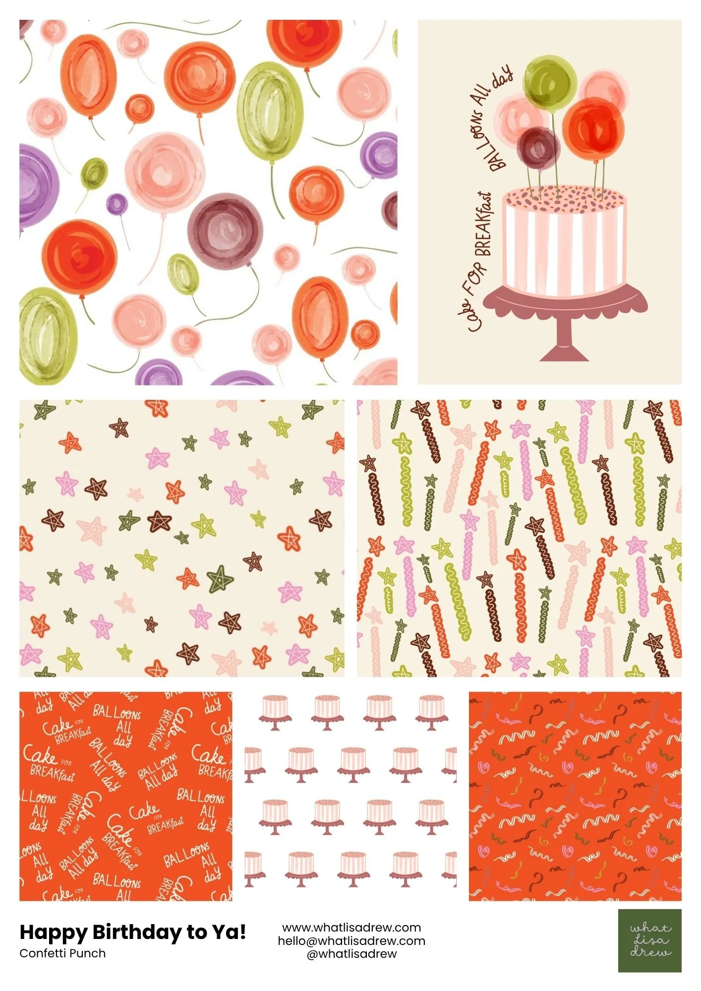 A sell sheet of a surface pattern design aimed at birthday and celebrations.