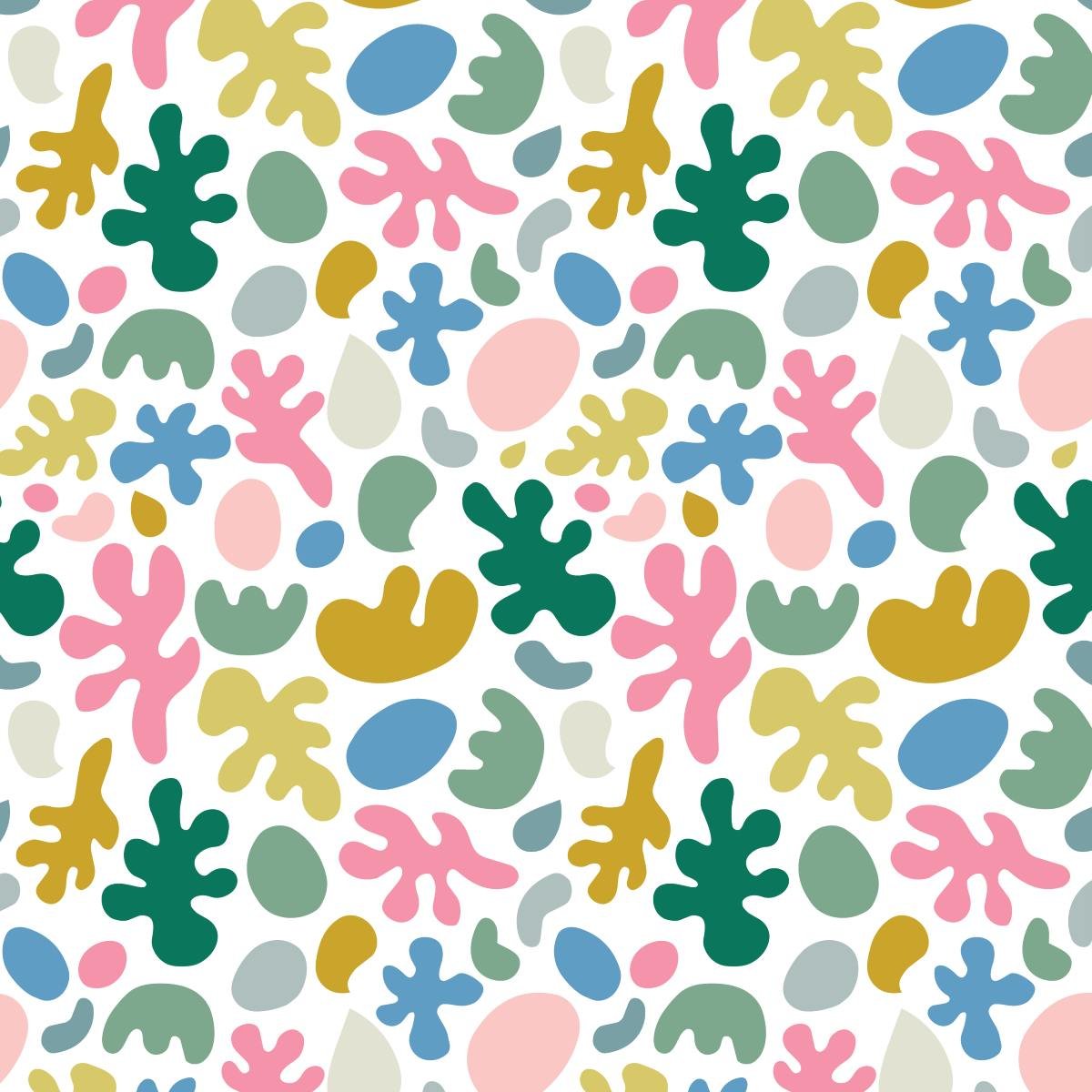 Pattern design of coral and pebbles in pink, mustard, greens and blues.  Great for stationery and home decor accessories