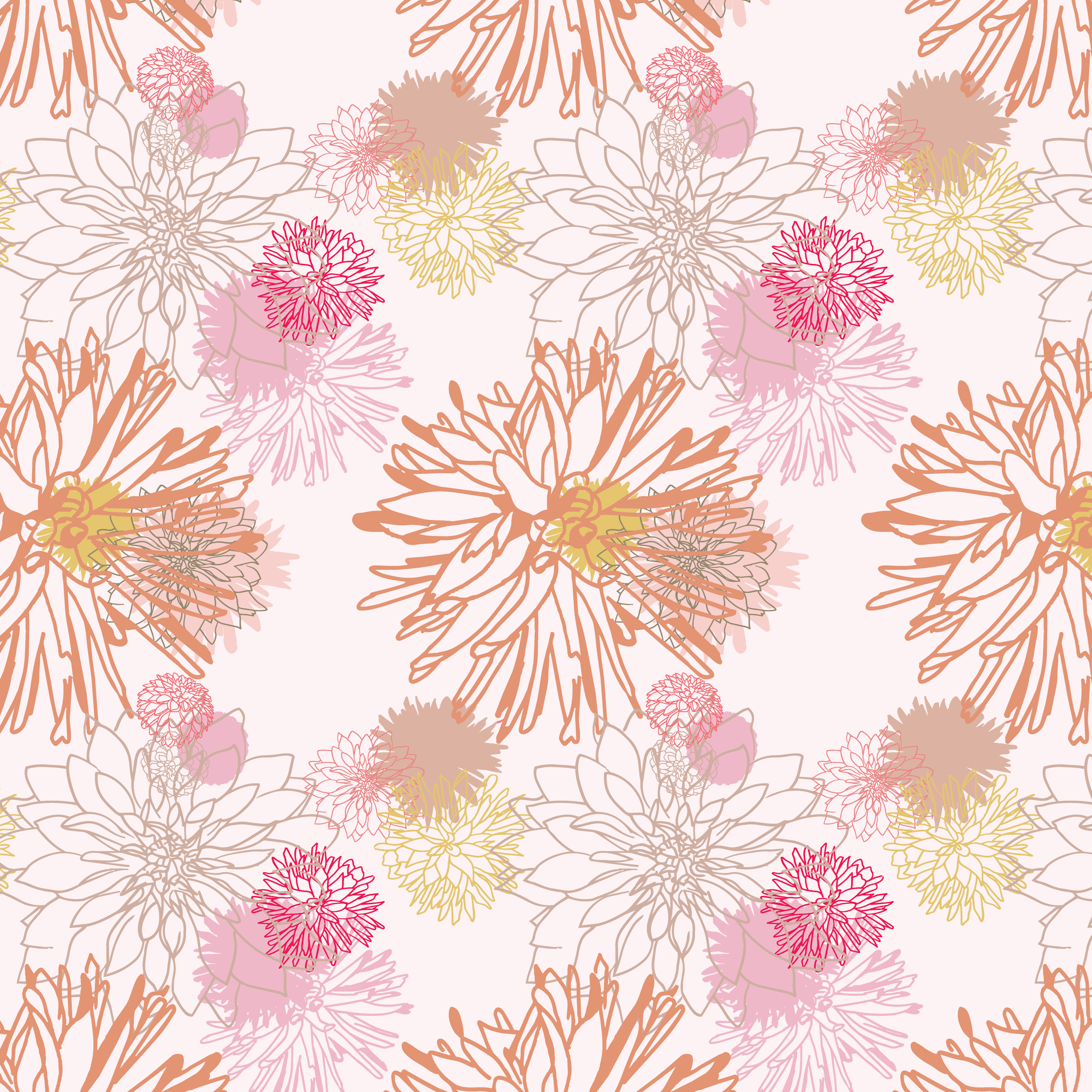 A seamless pattern design of hand-drawn floral outlines with various flowers in shades of pink, yellow, beige, and brown on a light pink background.