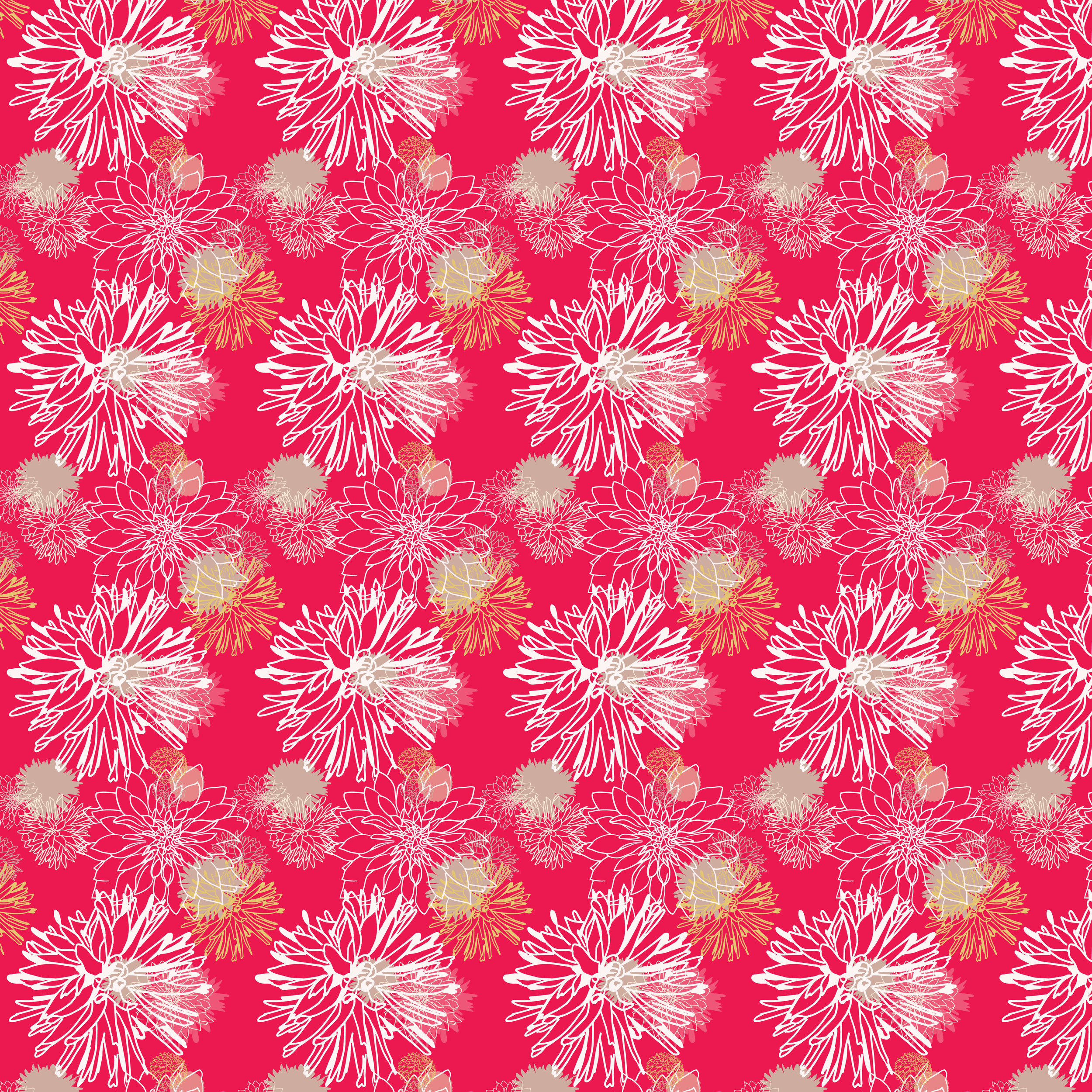 A seamless pattern design of floral designs on a pink background with white, gold, and beige outlines of various flowers.