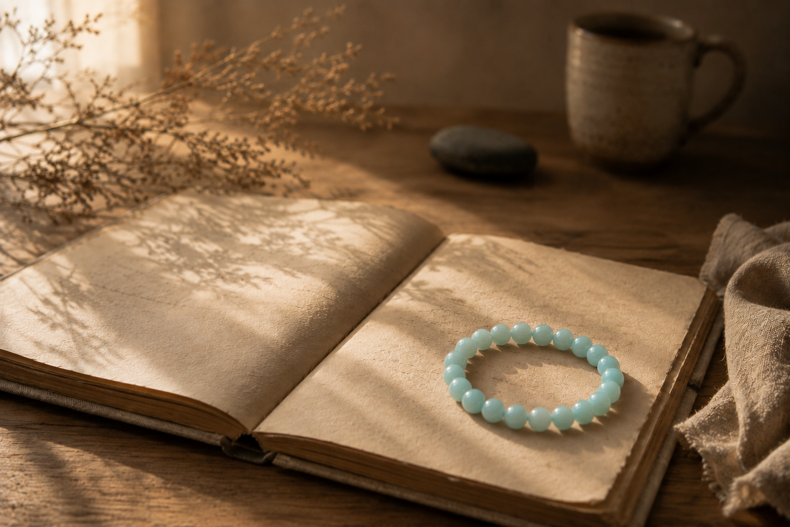 Open journal with an Aligned Amazonite intention bracelet resting on its pages in warm natural light, representing reflection, harmony, and balanced communication.