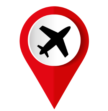 Map marker icon with an airplane symbol inside.