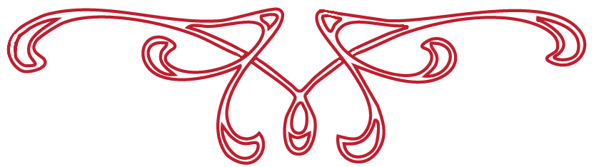 Decorative red swirl design with symmetrical ornate flourishes.
