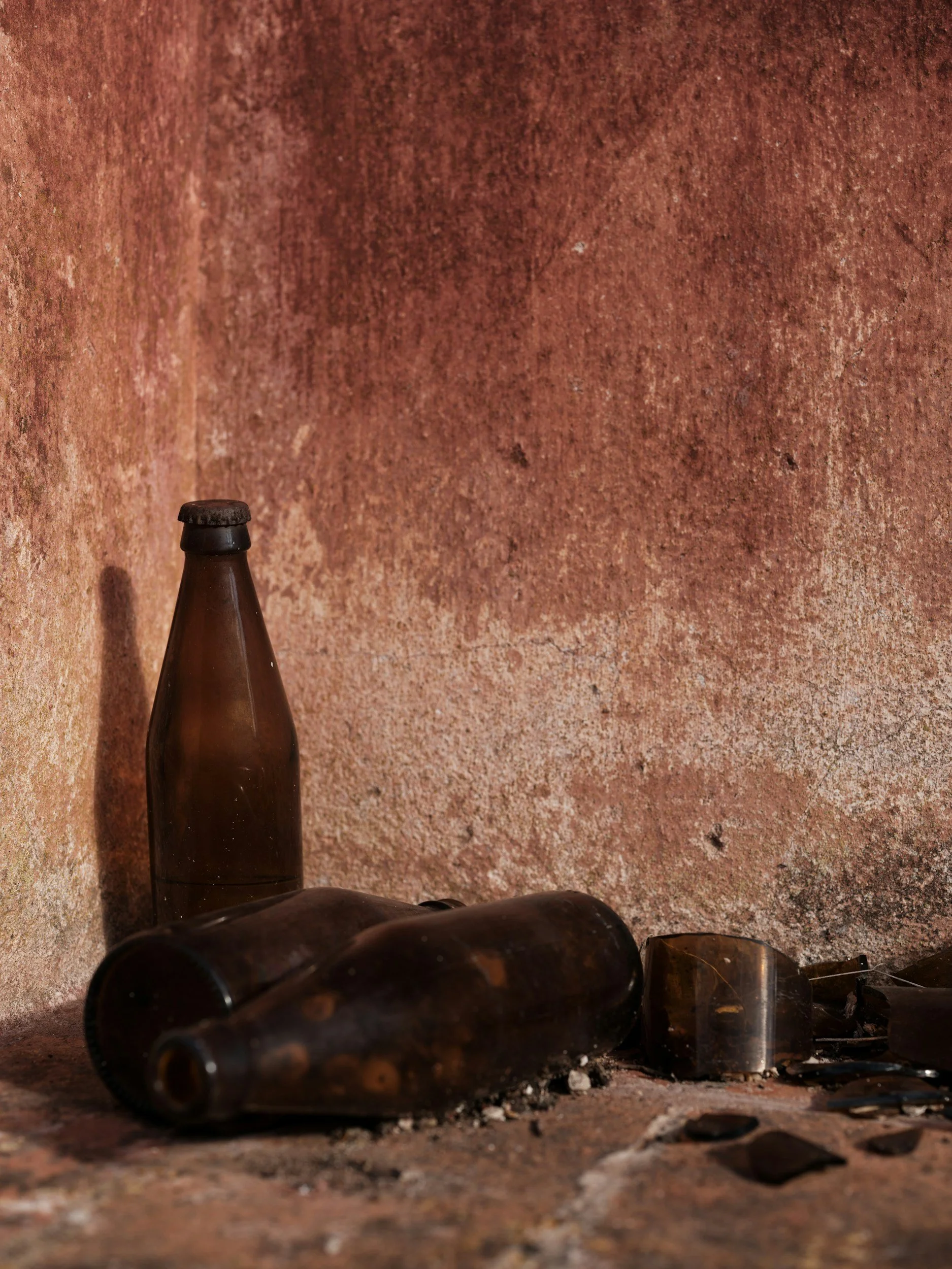 Several empty beer bottles lying on a floor near a rustic, textured wall.