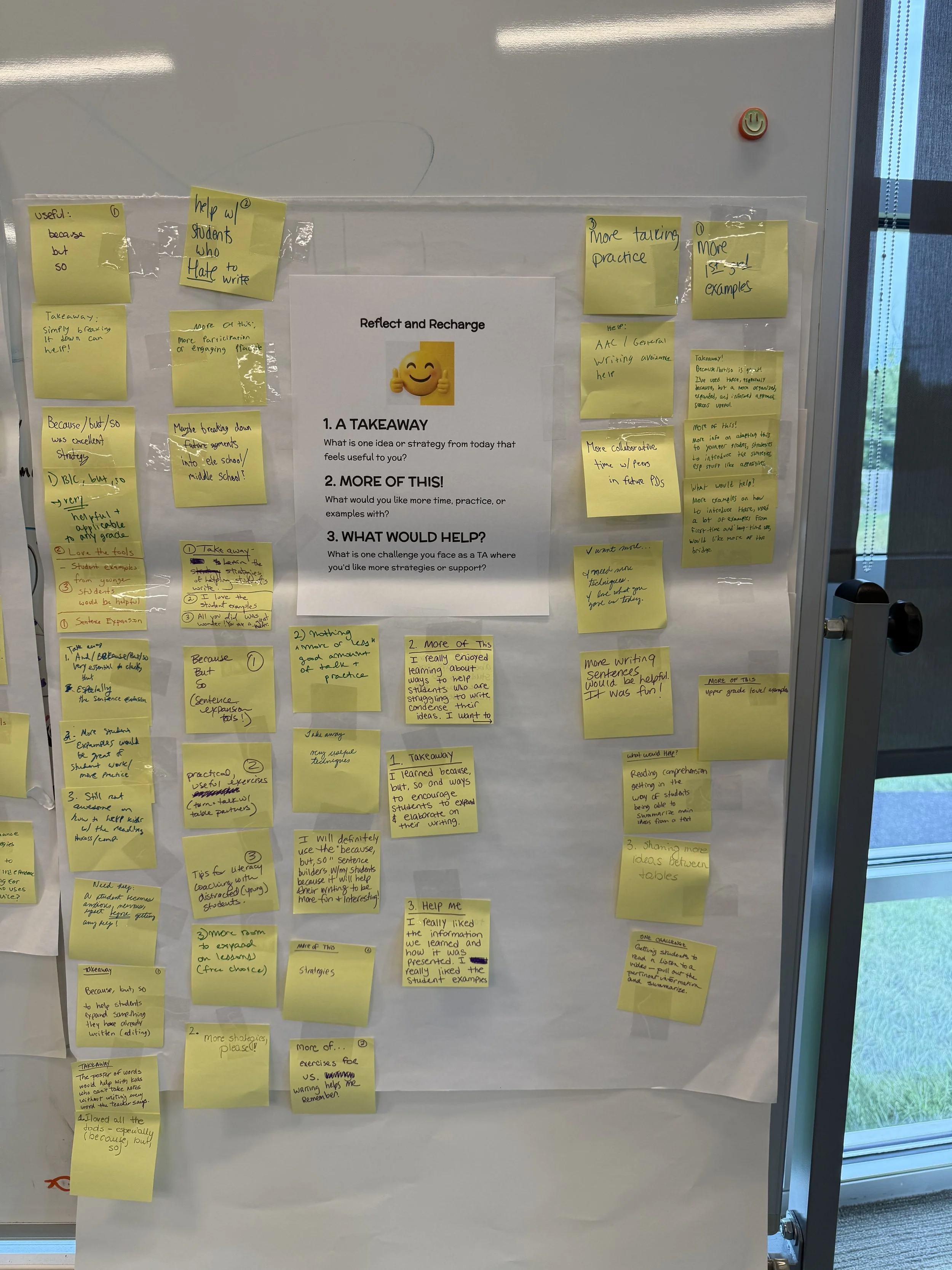 Whiteboard with numerous yellow sticky notes containing handwritten text, and a printed sheet titled 'Reflect and Recharge' in the center, along with a smiley face emoji.