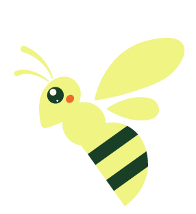 A cute cartoon bee with yellow and green stripes on its body, large wings, and a cheerful expression.