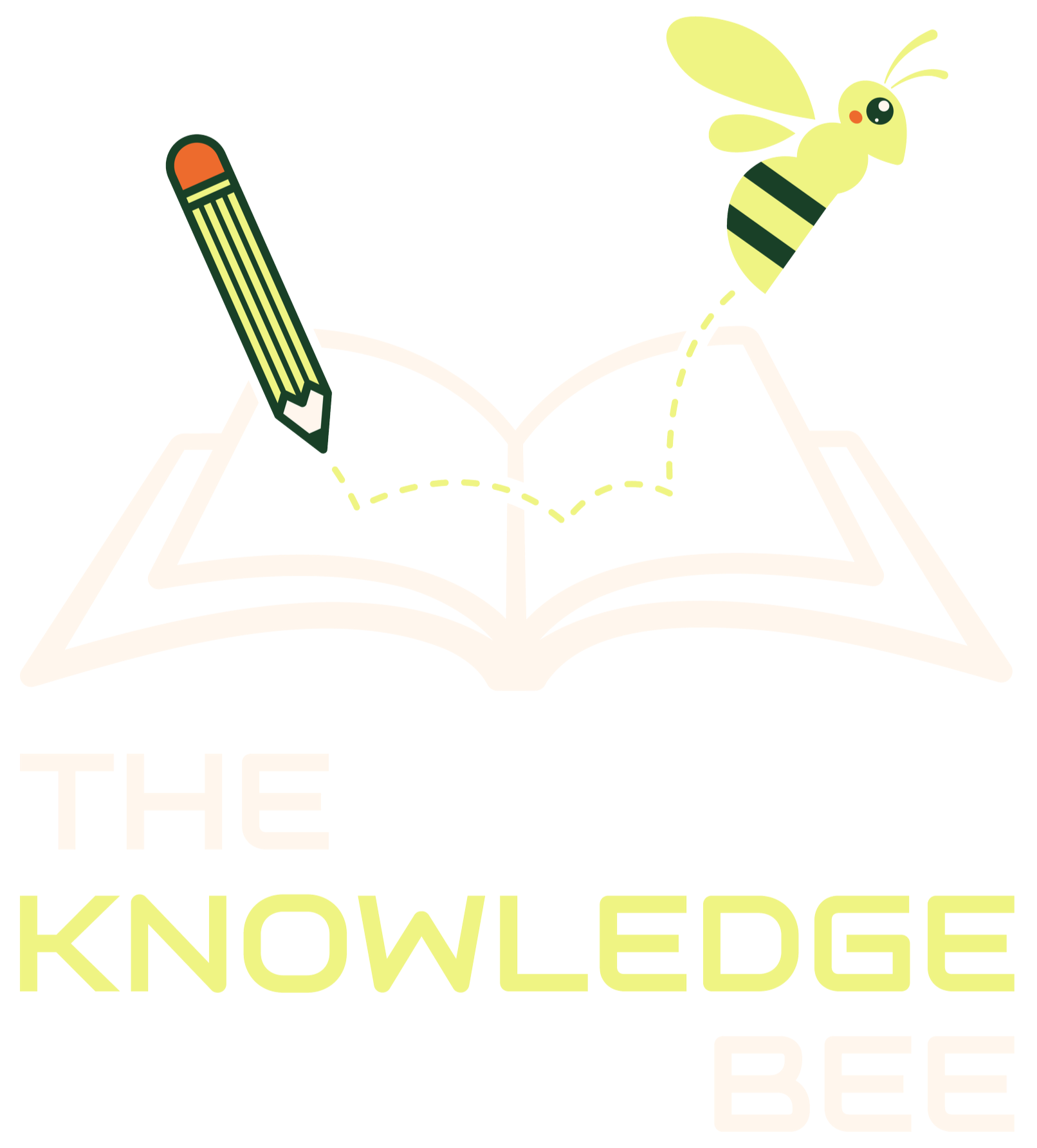 A logo featuring a combination of a book with a dotted line forming a path from a pencil to a bee, emphasizing learning and knowledge, with the words "THE KNOWLEDGE BE" in bold letters.