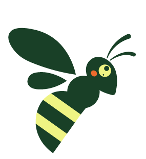 Cartoon illustration of a bee with a green body, yellow stripes, big wings, and a smiling face.