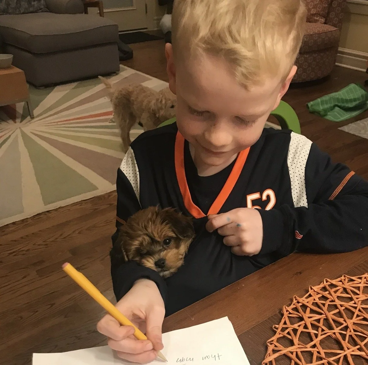 A young boy with blond hair writing on a piece of paper at a wooden table, while a small brown puppy rests in his arm. Another puppy is in the background on a colorful rug in a cozy living room.