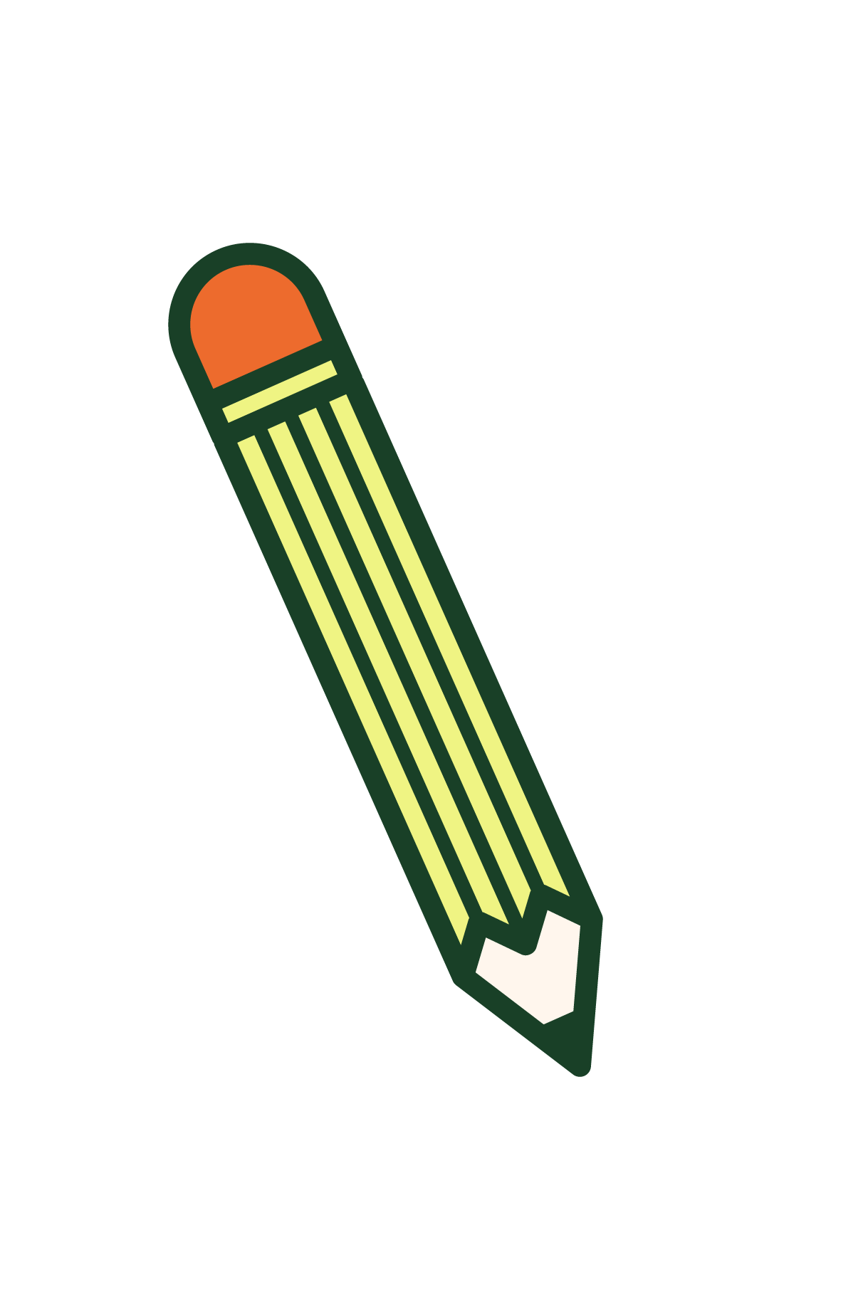 Illustration of a green mechanical pencil with a white eraser on the top, a sharpened white tip, yellow lines representing the pencil's body, and an orange eraser end, set against a black background.