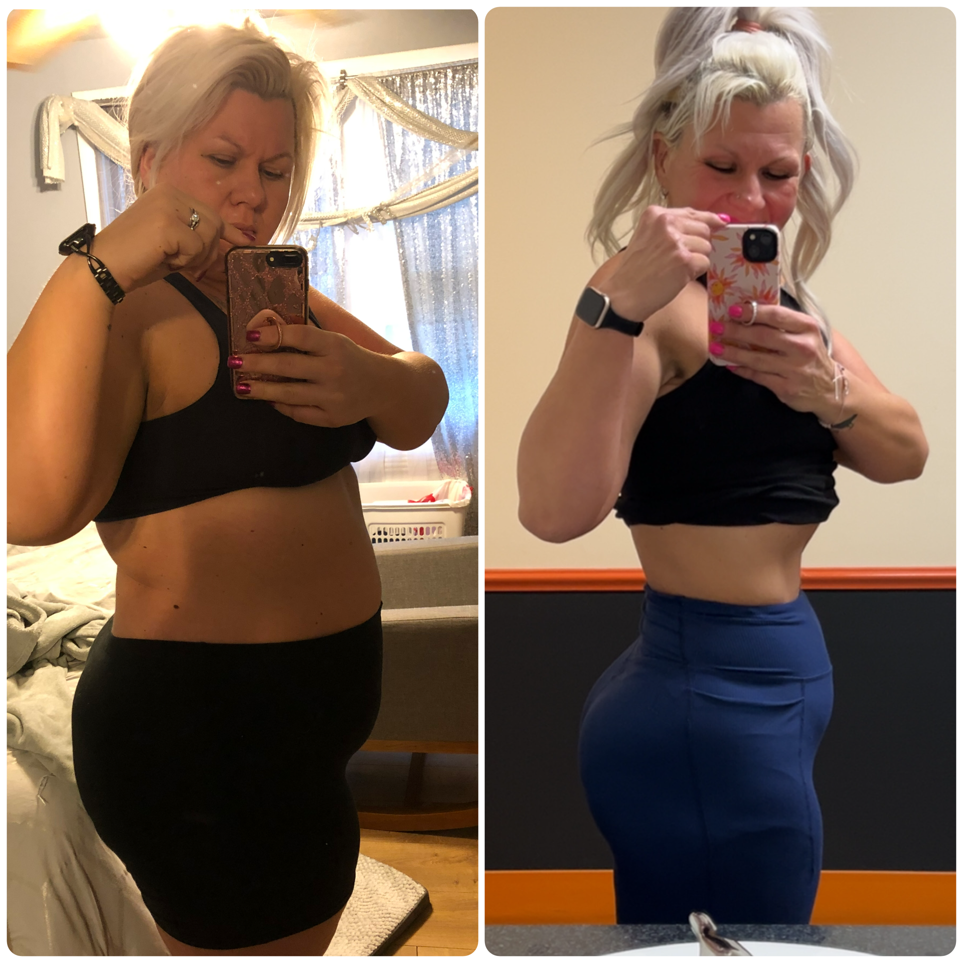 Before and after photos showing a woman's body transformation, focusing on the changes in her waist and hips.