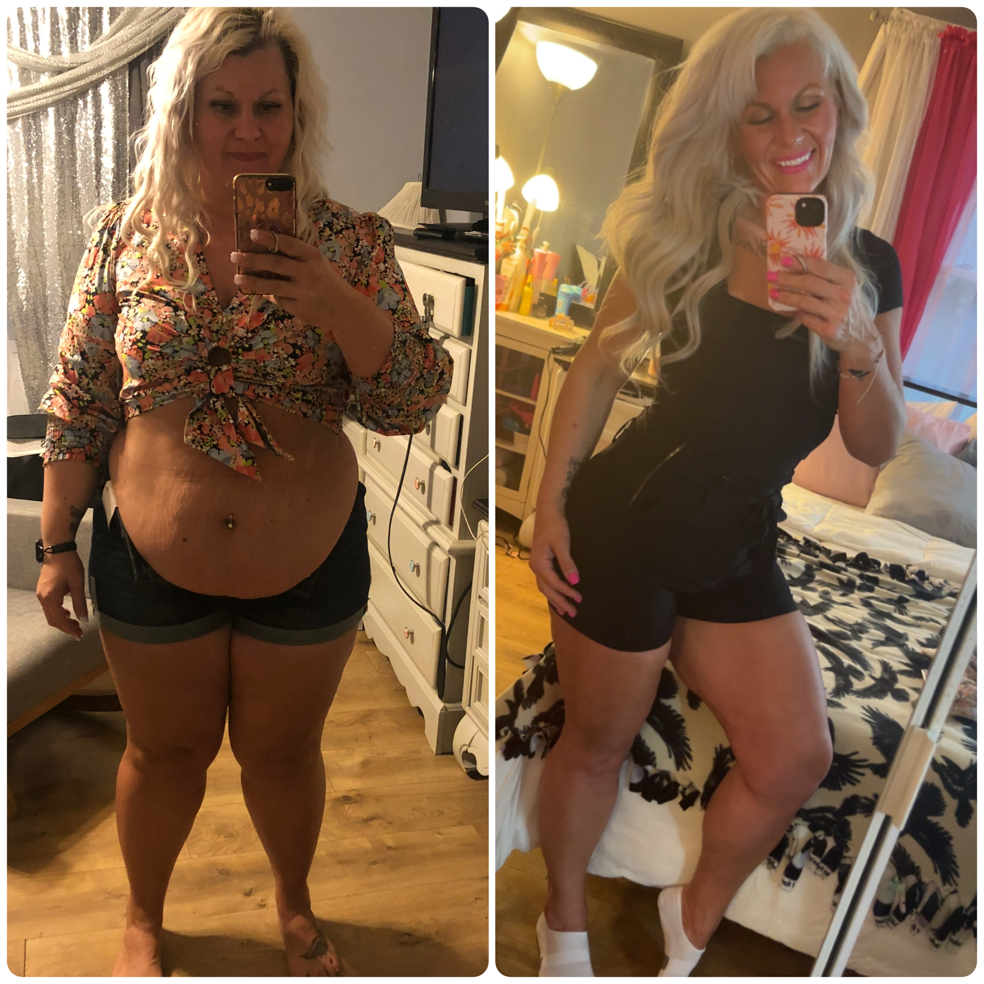 Side-by-side mirror selfies of a woman with long, wavy blonde hair, taken in different rooms of a house. In the left photo, she wears a floral tie-front blouse and shorts, while in the right photo, she wears a black shirt and shorts with socks and slippers, smiling in both.