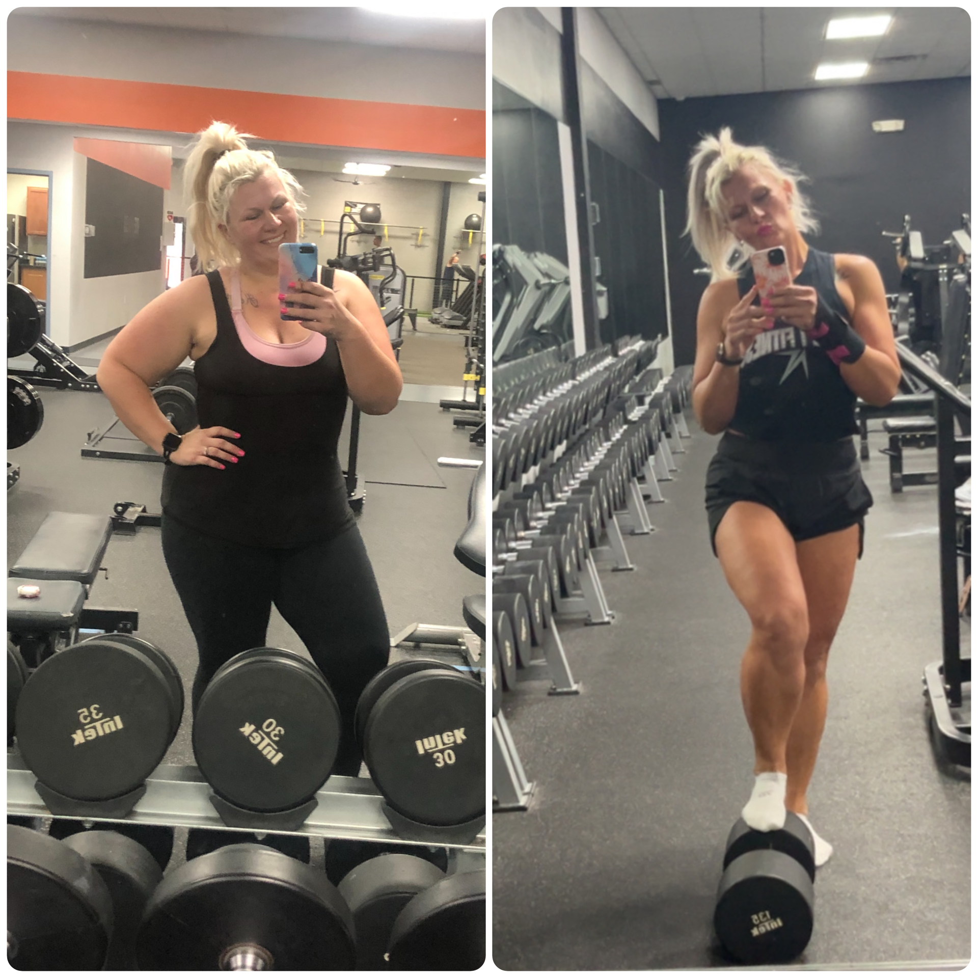 Side-by-side photos of a woman with blonde hair in a high ponytail at a gym. The left photo shows her smiling with her hand on her hip, standing in front of a mirror with workout equipment and black and orange walls in the background. The right photo shows her with a focused expression, wearing workout gloves, holding a phone, standing in front of a mirror with rows of dumbbells and black walls in the background.