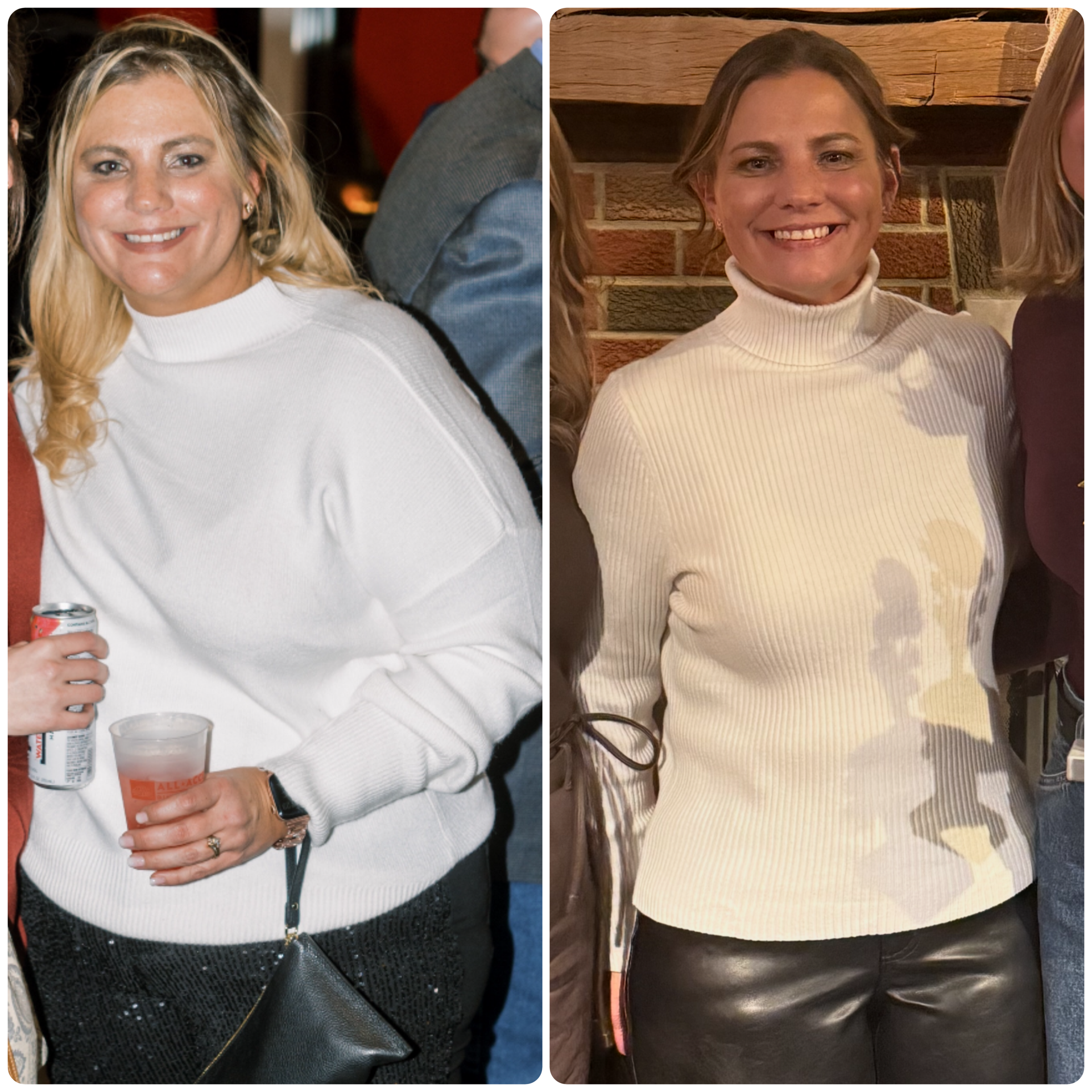 Side-by-side photos showing two smiling women in casual settings, both wearing white turtleneck sweaters. The woman on the left has blonde hair styled with loose curls and is holding a beverage can and a glass, with a dark background. The woman on the right has light brown hair styled in a loose wave, standing in front of a brick wall.