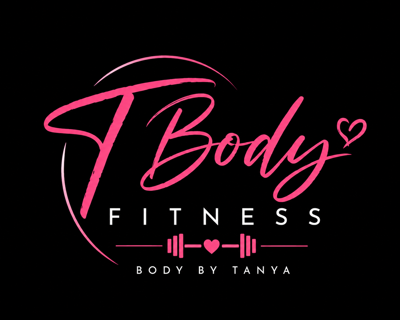 Pink script text reads "Body" with a small heart, and below is the word "FITNESS" in white capital letters. Underneath, a pink barbell icon with a heart in the center, and the text "Body by Tanya" in white at the bottom, all on a black background.