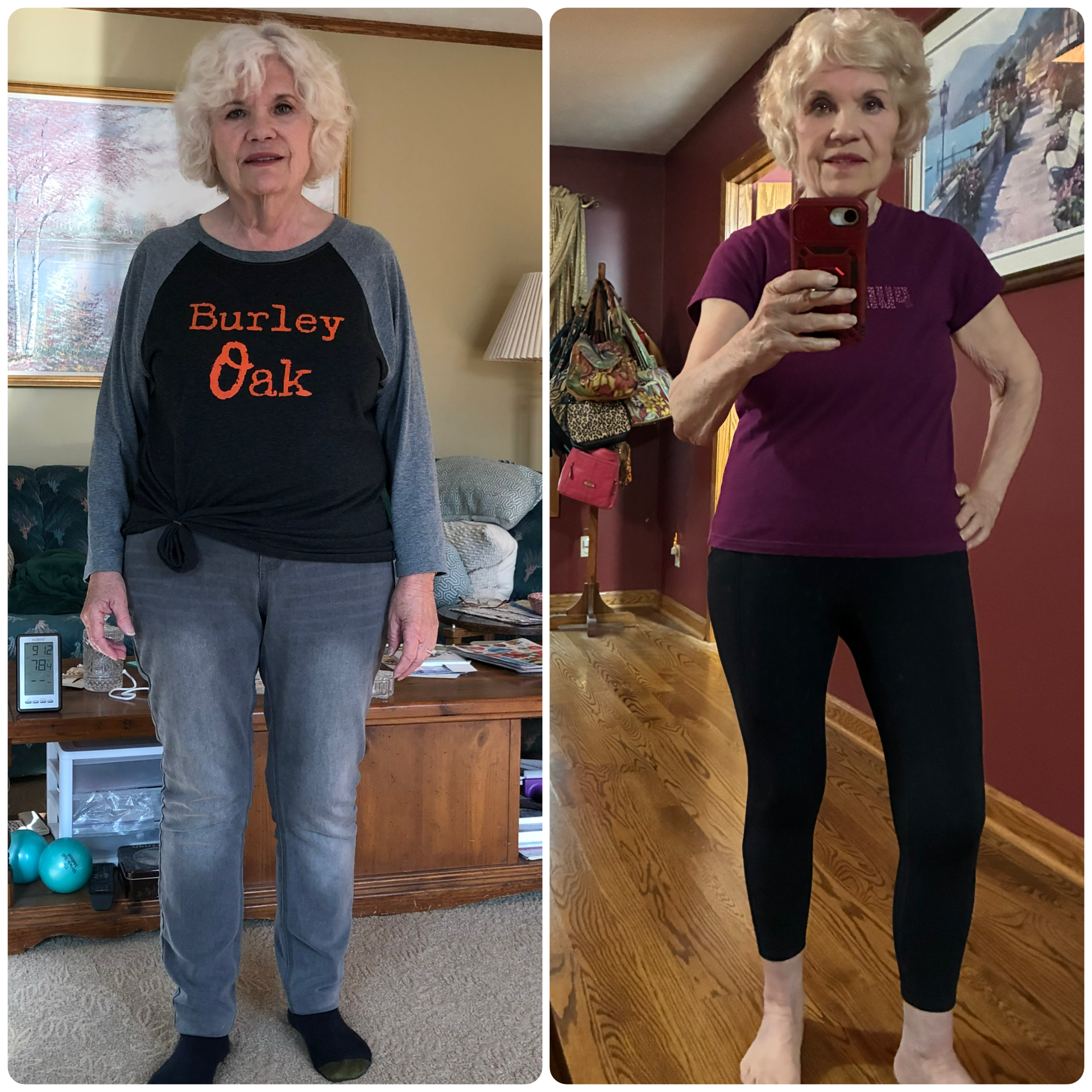 Before and after photos of an elderly woman with curly white hair. In the first photo, she is wearing a black and gray shirt with the text 'Burley Oak', gray pants, and black socks, standing in a living room. In the second photo, she has the same hair style but is dressed in a purple t-shirt and black leggings, standing in a room with hardwood floors and red walls, holding a phone to take a selfie.