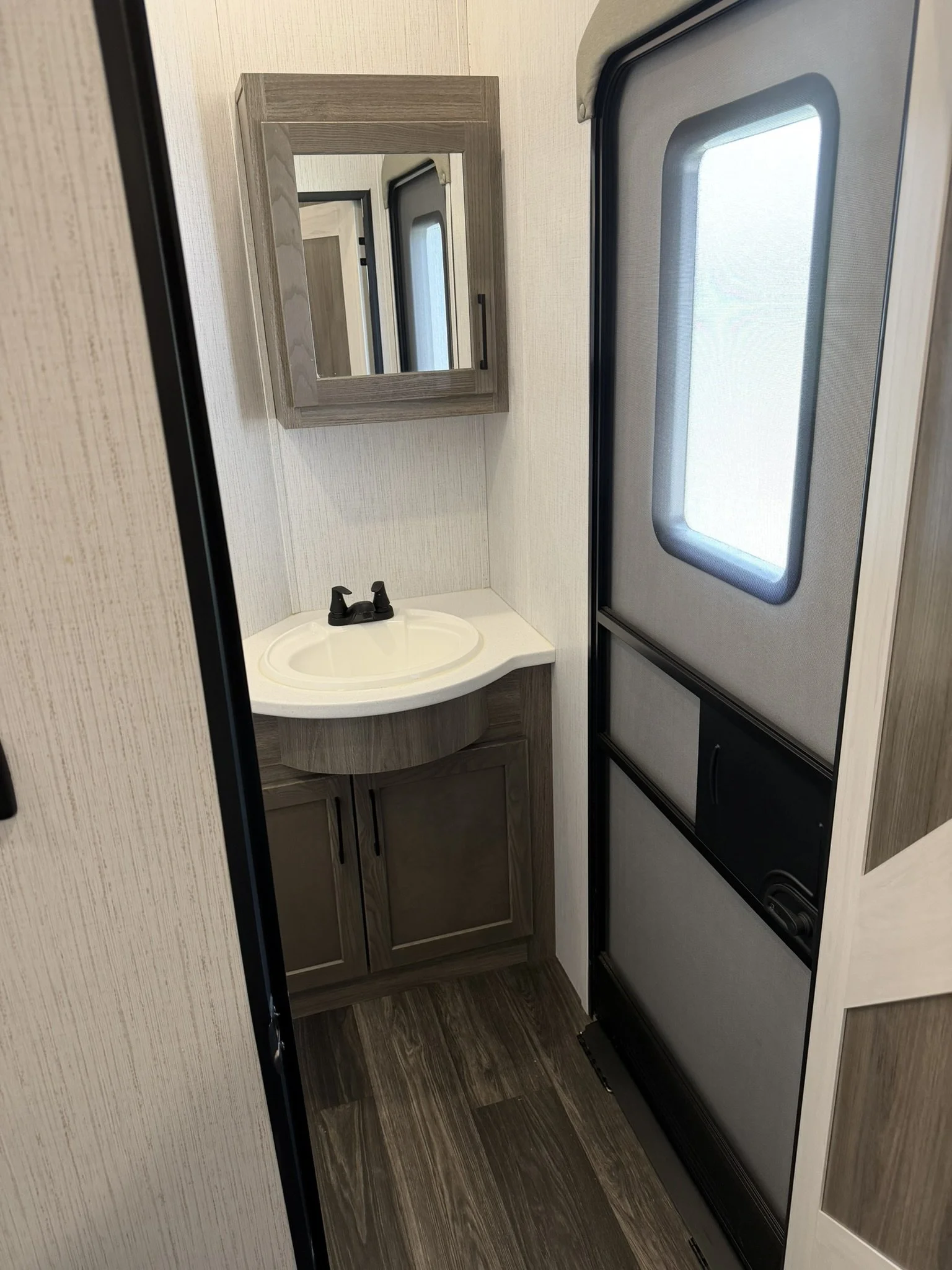 Small bathroom with a sink and mirror, and a closed door with a window, in an RV or camper.