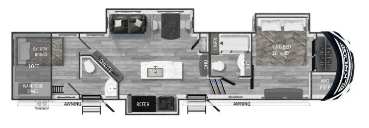 Floor plan of a recreational vehicle with two bedrooms, a bathroom, kitchen, living area, and outdoor awnings.