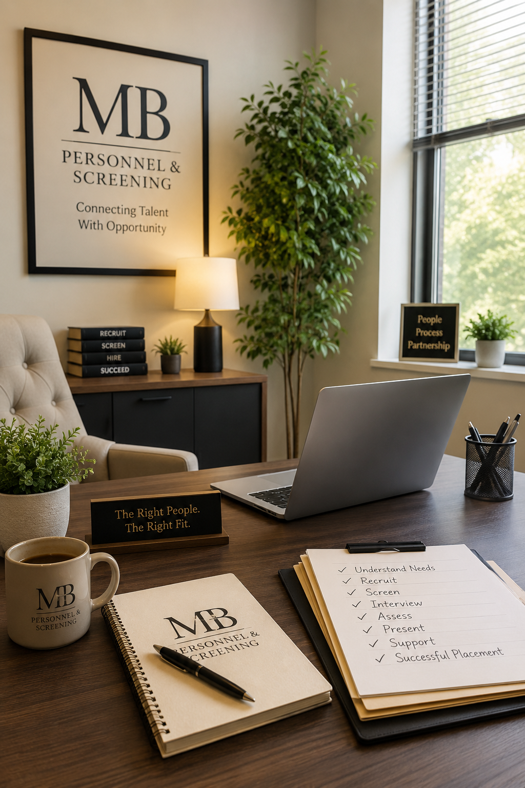 Office with a desk, breakfront behind with a lamp and books, laptop, coffee mug, notebook, framed image on the wall "MB Personnel & Screening Connecting Talent with Opportunity