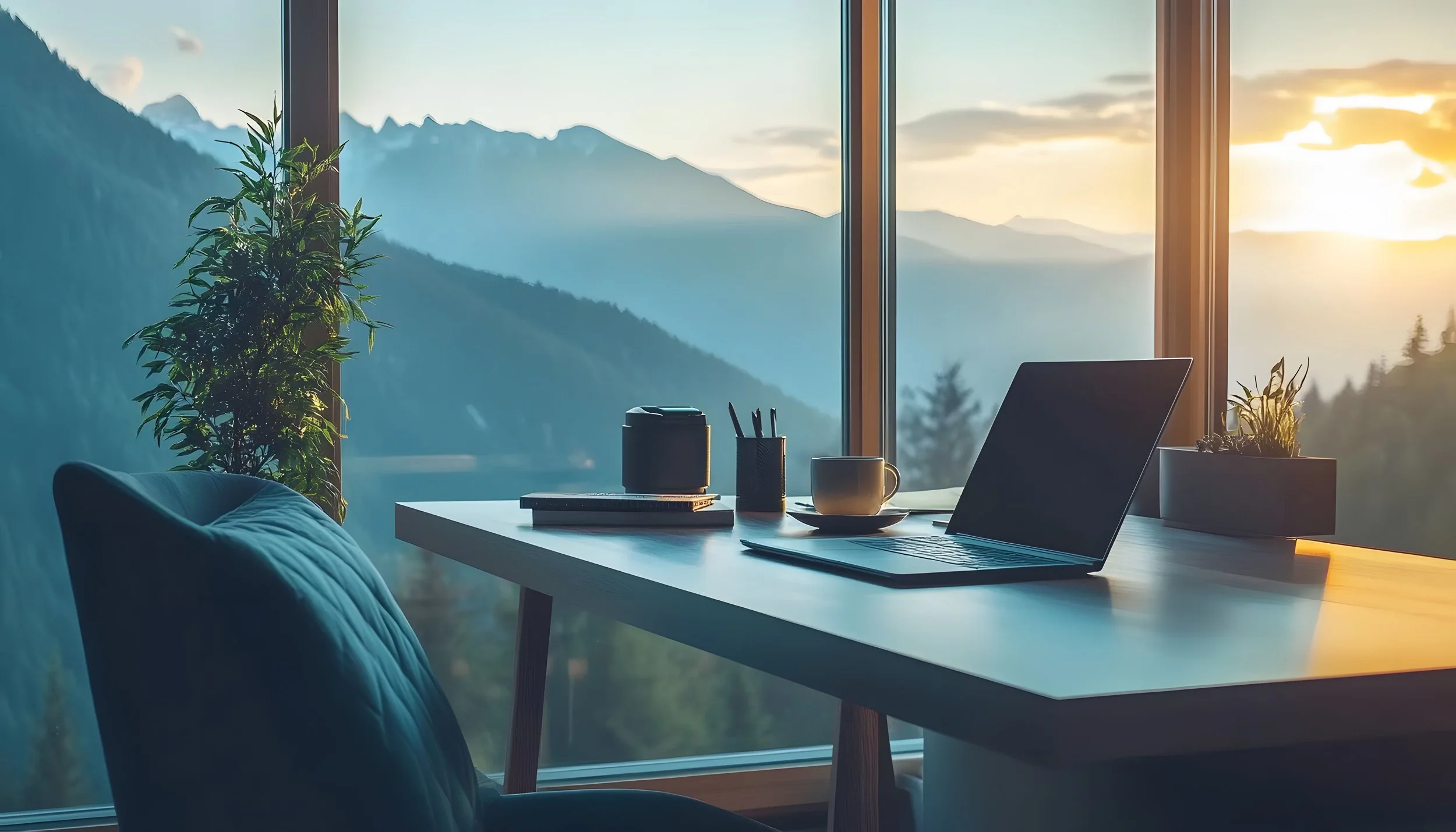 office desk with laptop, cup and saucer, pencil holder, and two books. Blue chair and plant in front of floor to ceiling windows with a view of misty mountains.
